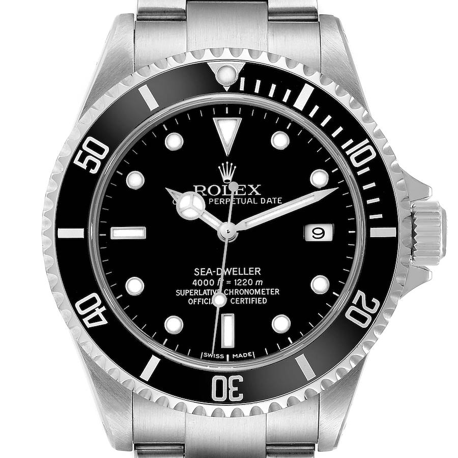 The image shows a front view of the Rolex Sea-Dweller watch, highlighting its dial, bezel, and bracelet.