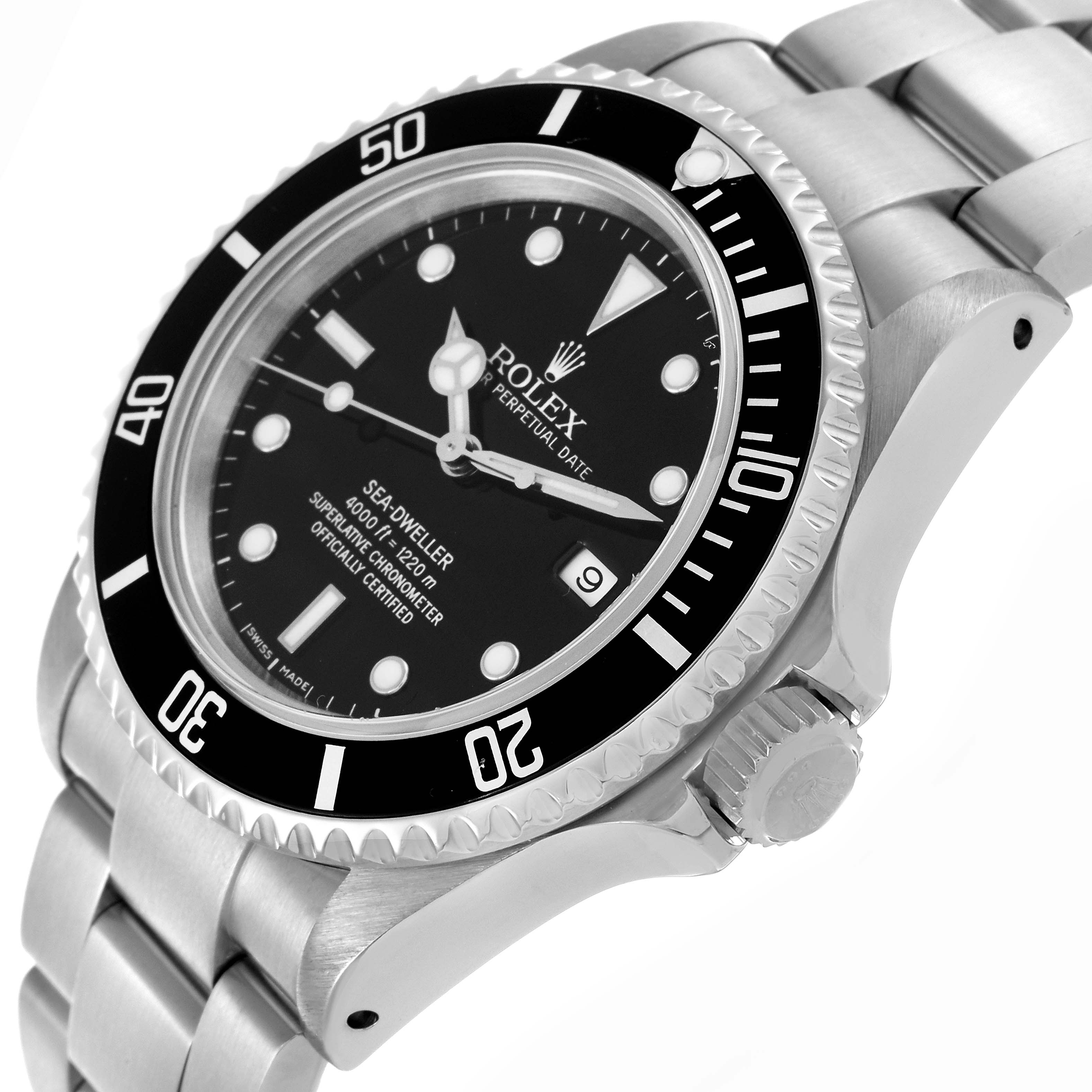 The Rolex Sea-Dweller 16600T Men's Stainless Steel Black Dial 16600T Men's Stainless Steel Black Dial watch is shown at a three-quarter angle displaying the dial, bezel, crown, and bracelet.