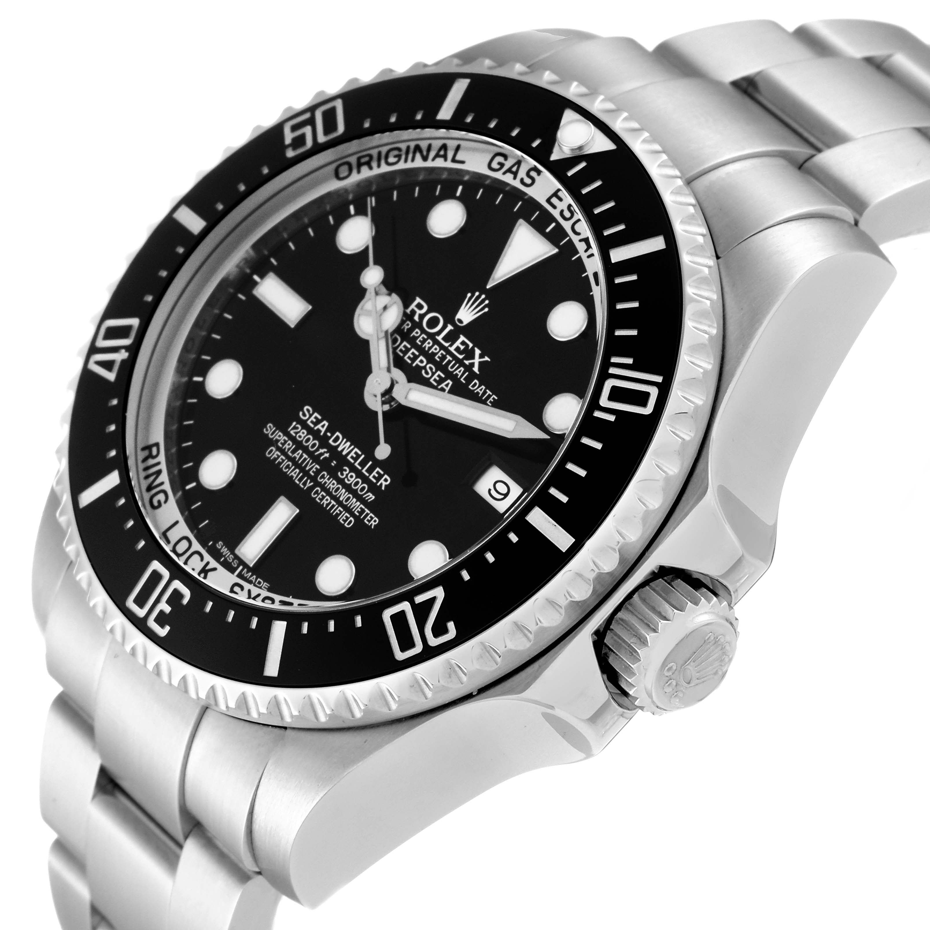 The Rolex Sea-Dweller 116660 Men's Stainless Steel Black Dial 116660 Men's Stainless Steel Black Dial watch is shown at an angle displaying its face, bezel, crown, and part of its metal bracelet.