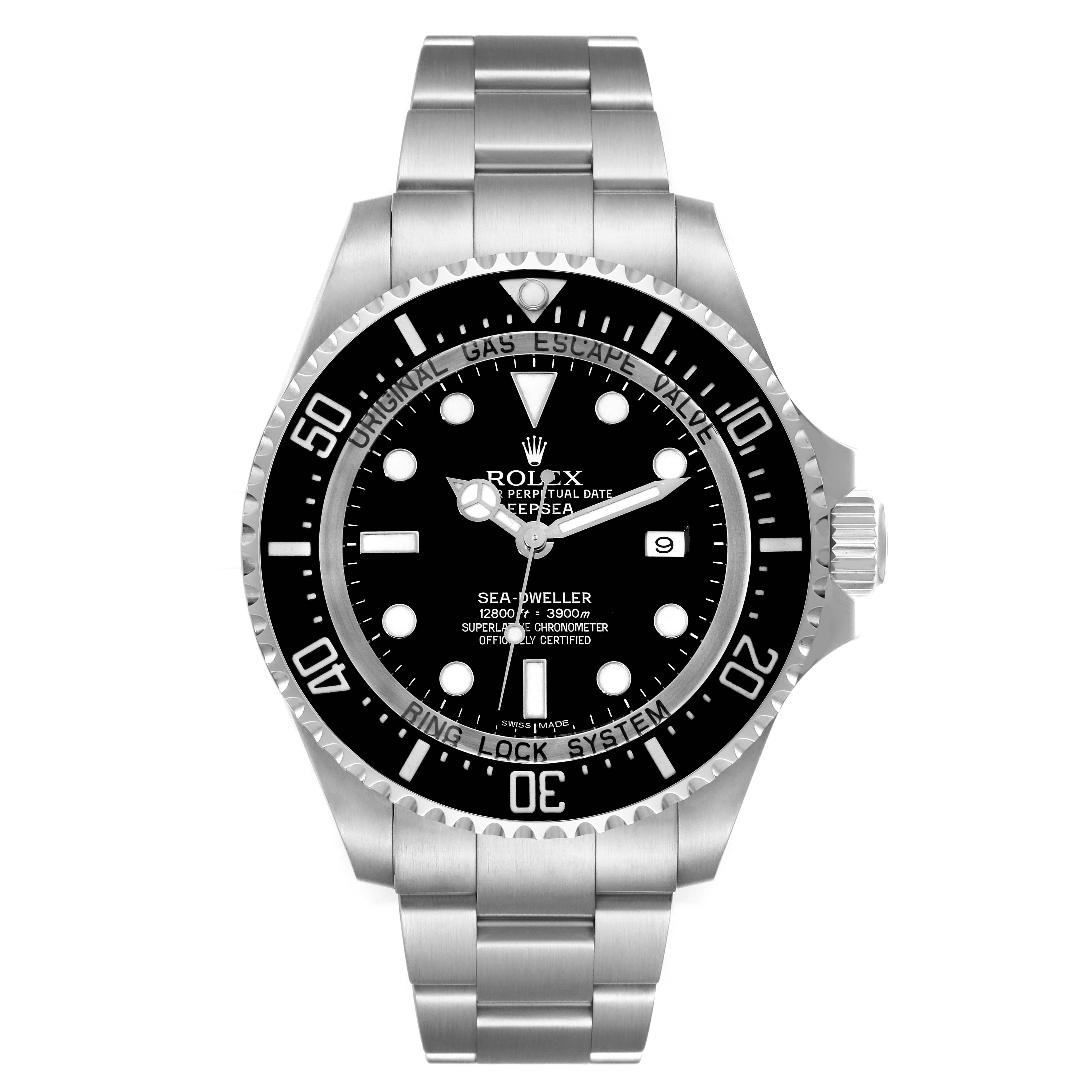The image shows a front view of the Rolex Sea-Dweller 116660 Men's Stainless Steel Black Dial 116660 Men's Stainless Steel Black Dial watch, displaying the dial, bezel, and part of the bracelet.