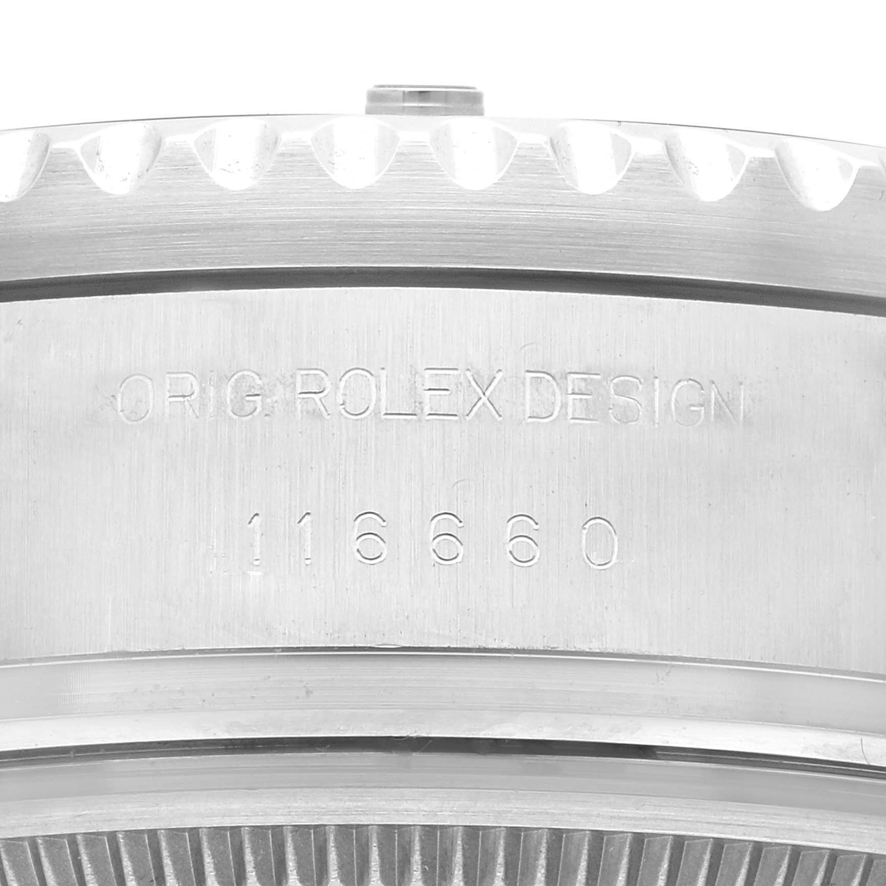 The image shows a close-up of the case back and model number (116660) engraving of the Rolex Sea-Dweller 116660 Men's Stainless Steel Black Dial 116660 Men's Stainless Steel Black Dial watch.