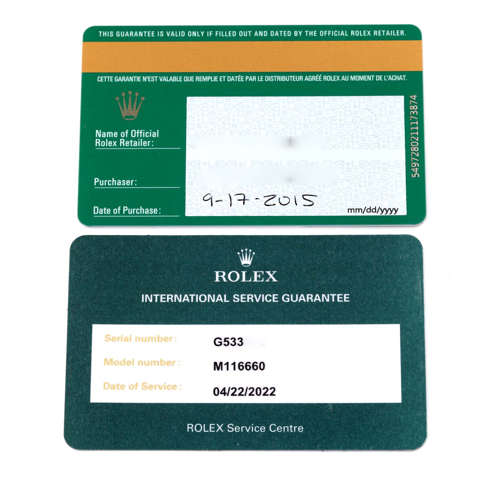 The image shows a guarantee card and a service guarantee card for the Rolex Sea-Dweller 116660 Men's Stainless Steel Black Dial 116660 Men's Stainless Steel Black Dial model.