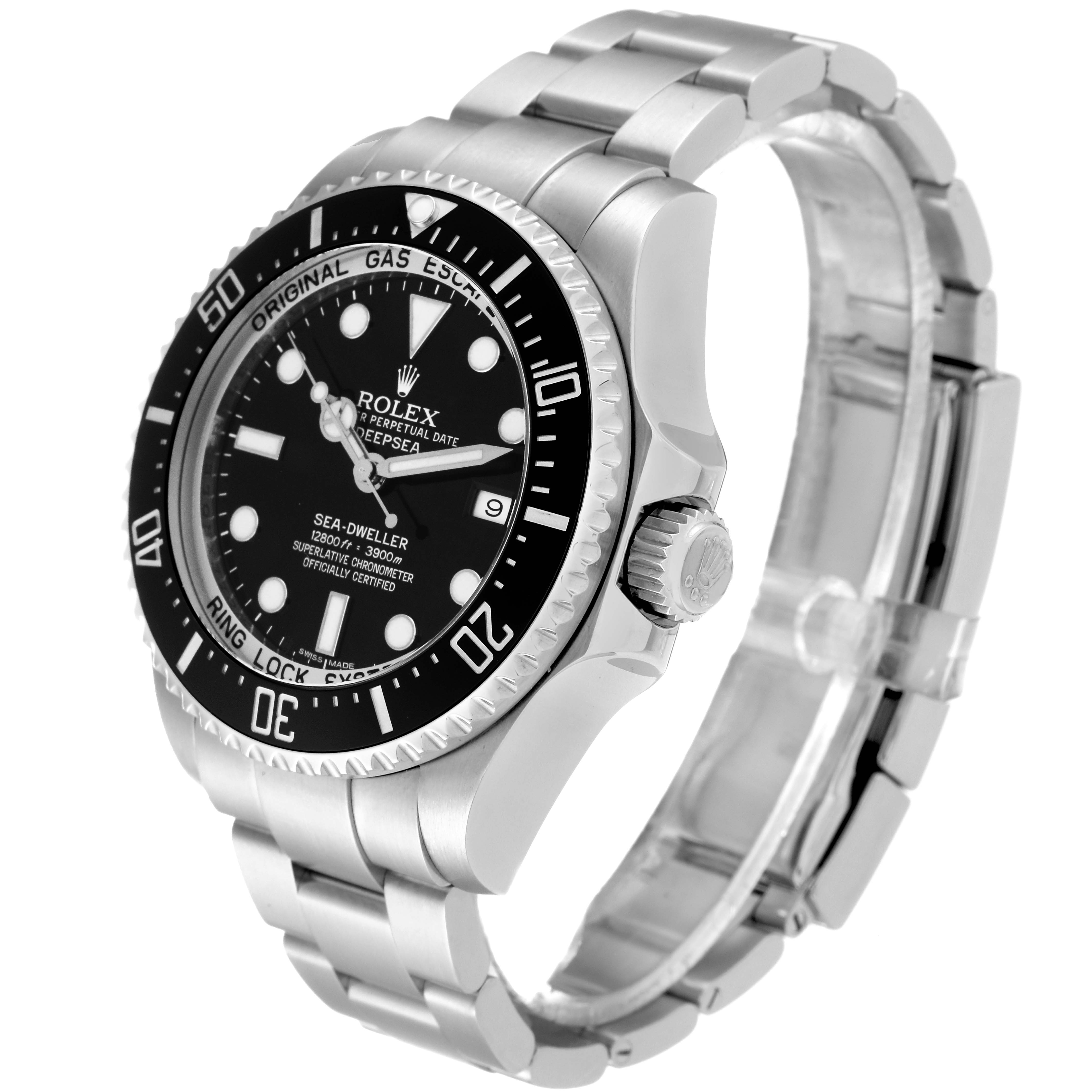 The image shows a side perspective of the Rolex Sea-Dweller 116660 Men's Stainless Steel Black Dial 116660 Men's Stainless Steel Black Dial watch, highlighting its bracelet, bezel, and dial.