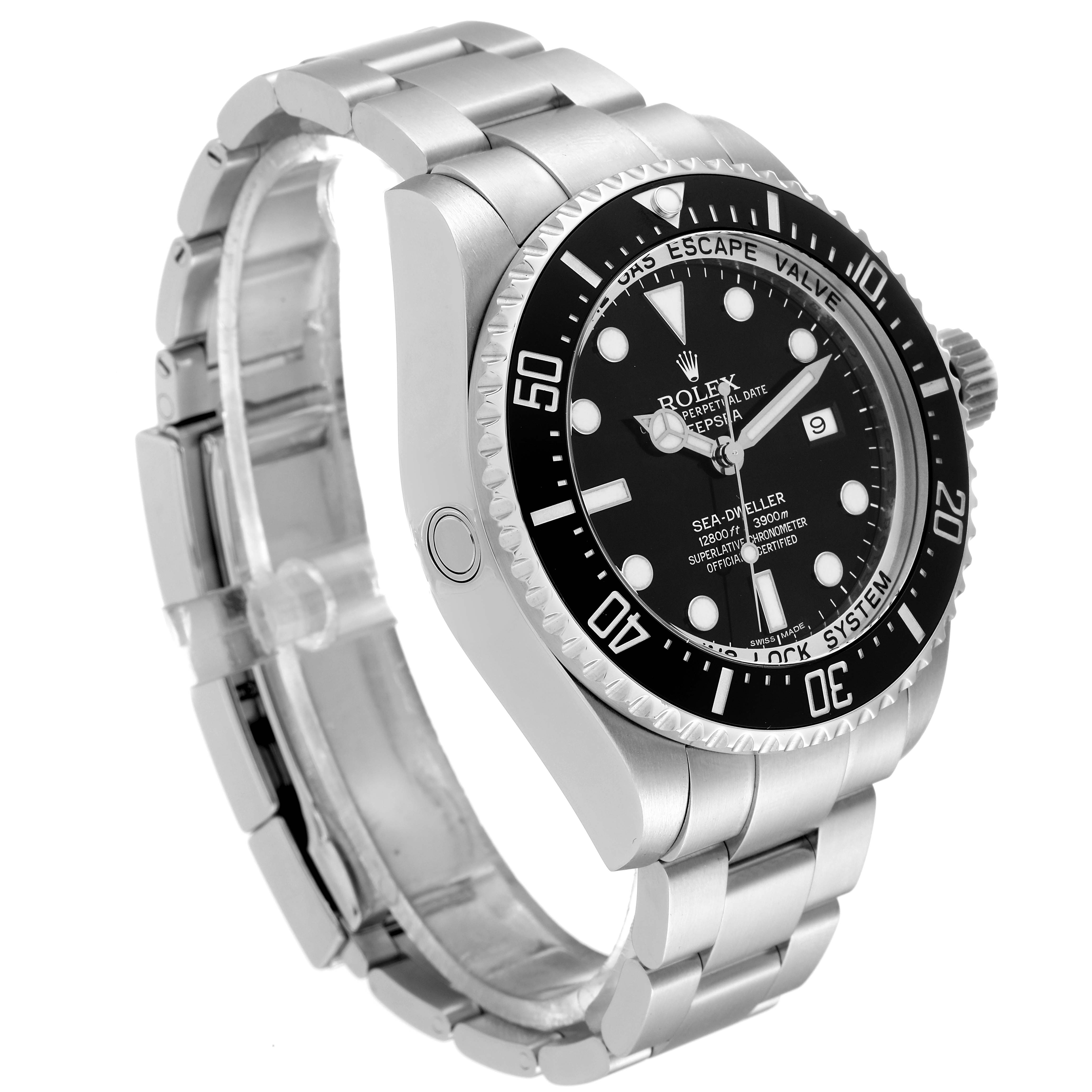 This image shows a side view of the Rolex Sea-Dweller 116660 Men's Stainless Steel Black Dial 116660 Men's Stainless Steel Black Dial watch, highlighting the dial, bezel, and bracelet.
