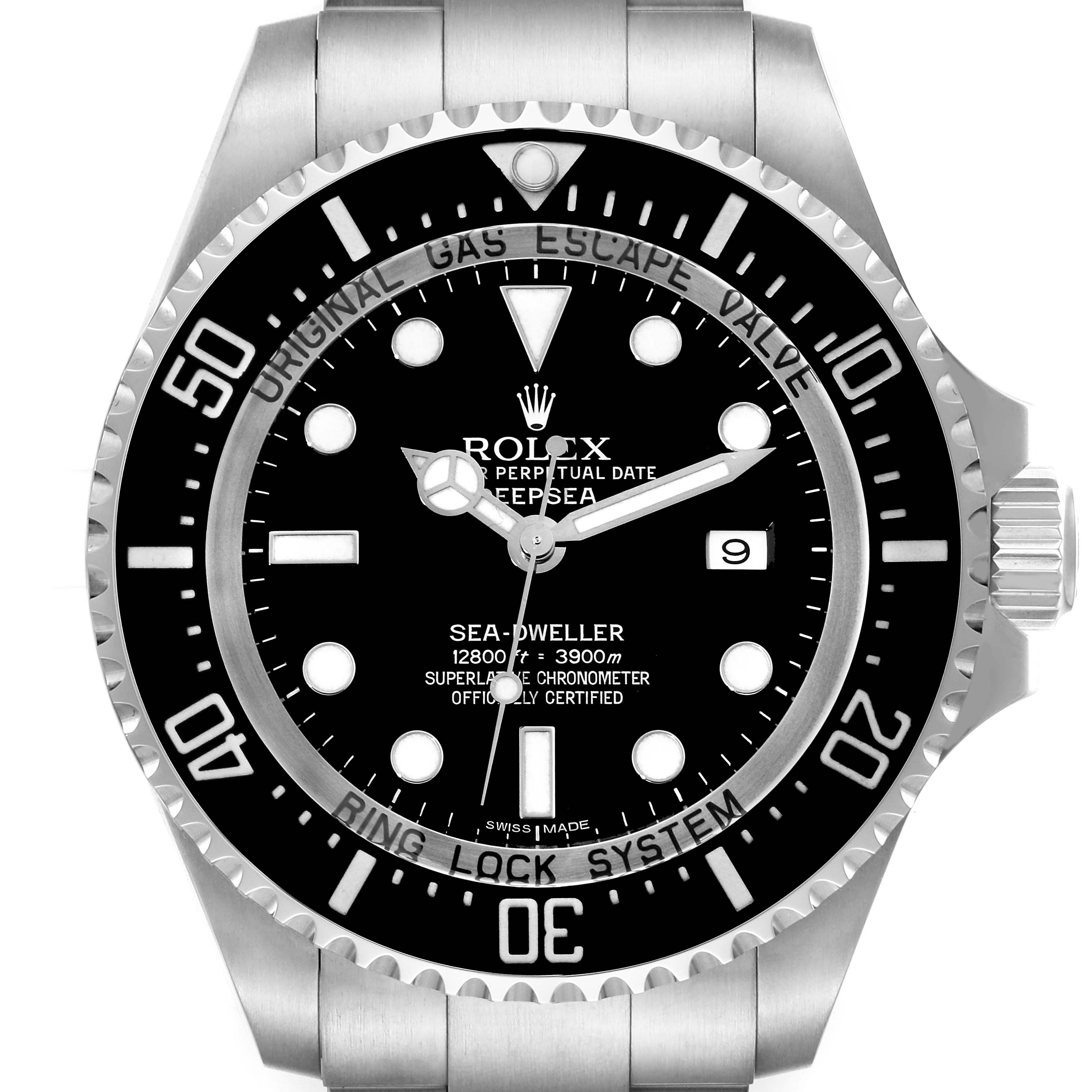 This is a front view of the Rolex Sea-Dweller 116660 Men's Stainless Steel Black Dial 116660 Men's Stainless Steel Black Dial watch, showing the dial, bezel, crown, and part of the bracelet.