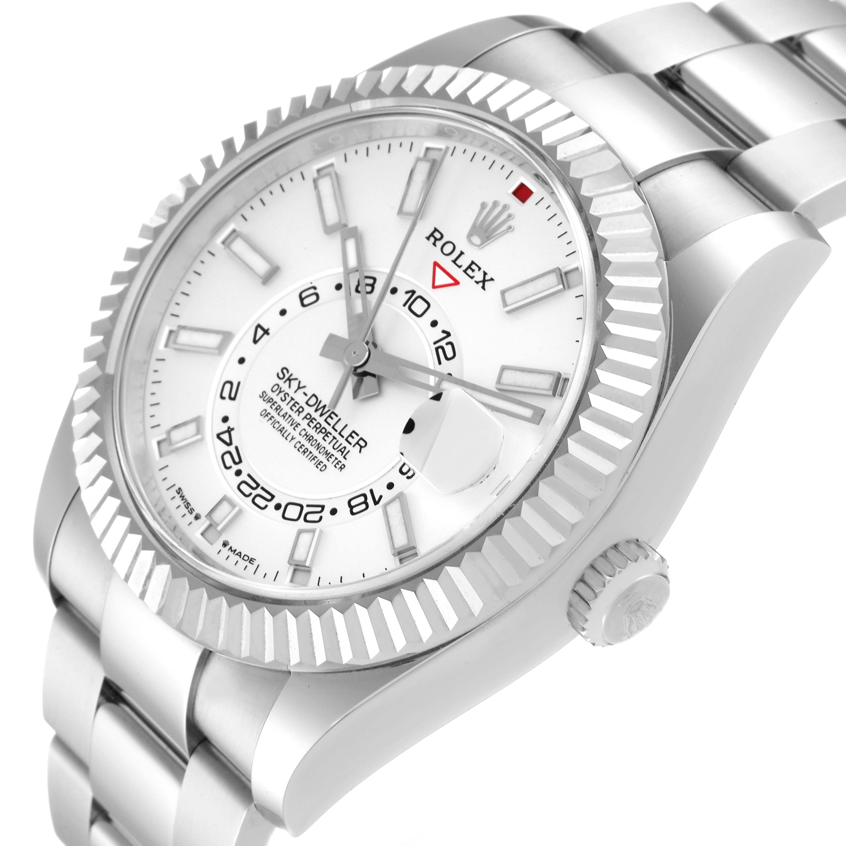 The image shows a close-up angled view of a Rolex Sky-Dweller 336934 Men
s Stainless Steel White Dial 336934 Men
s Stainless Steel White Dial watch, highlighting its dial, bezel, and part of the bracelet.