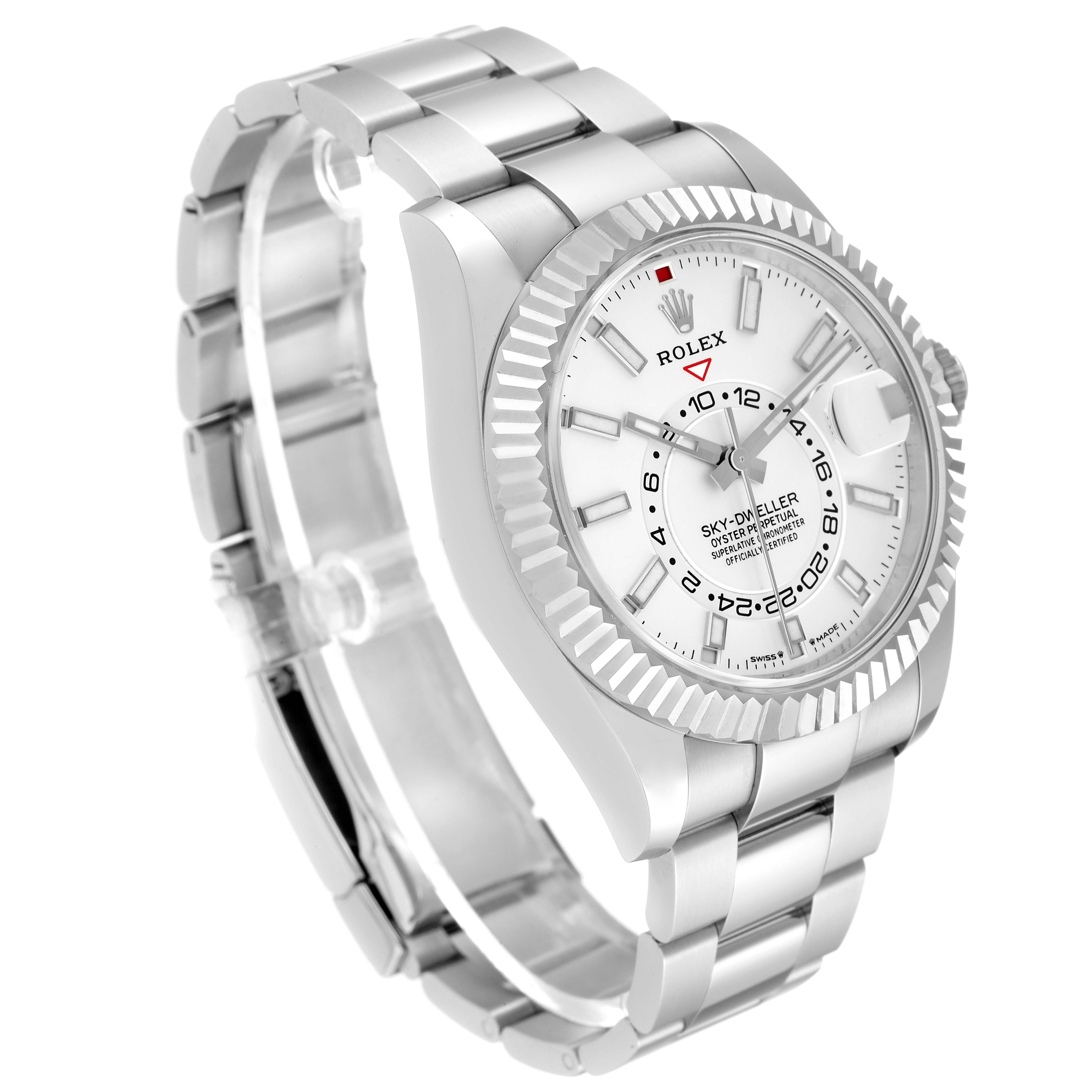 The image shows a Rolex Sky-Dweller 336934 Men
s Stainless Steel White Dial 336934 Men
s Stainless Steel White Dial watch from an angled side view, highlighting the face, bezel, and bracelet.