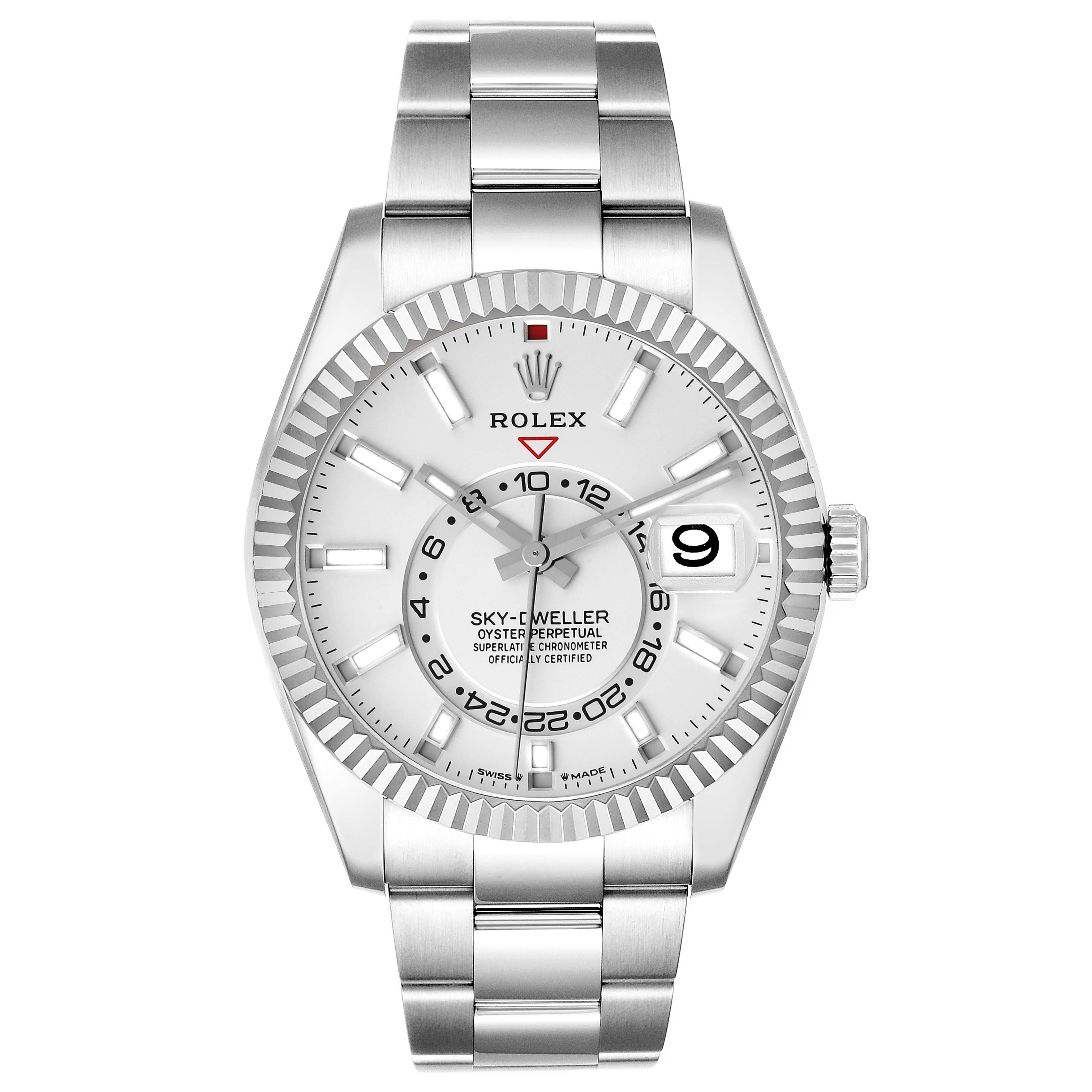 This image shows a front view of the Rolex Sky-Dweller 336934 Men
s Stainless Steel White Dial 336934 Men
s Stainless Steel White Dial watch, displaying its dial, bezel, and bracelet.