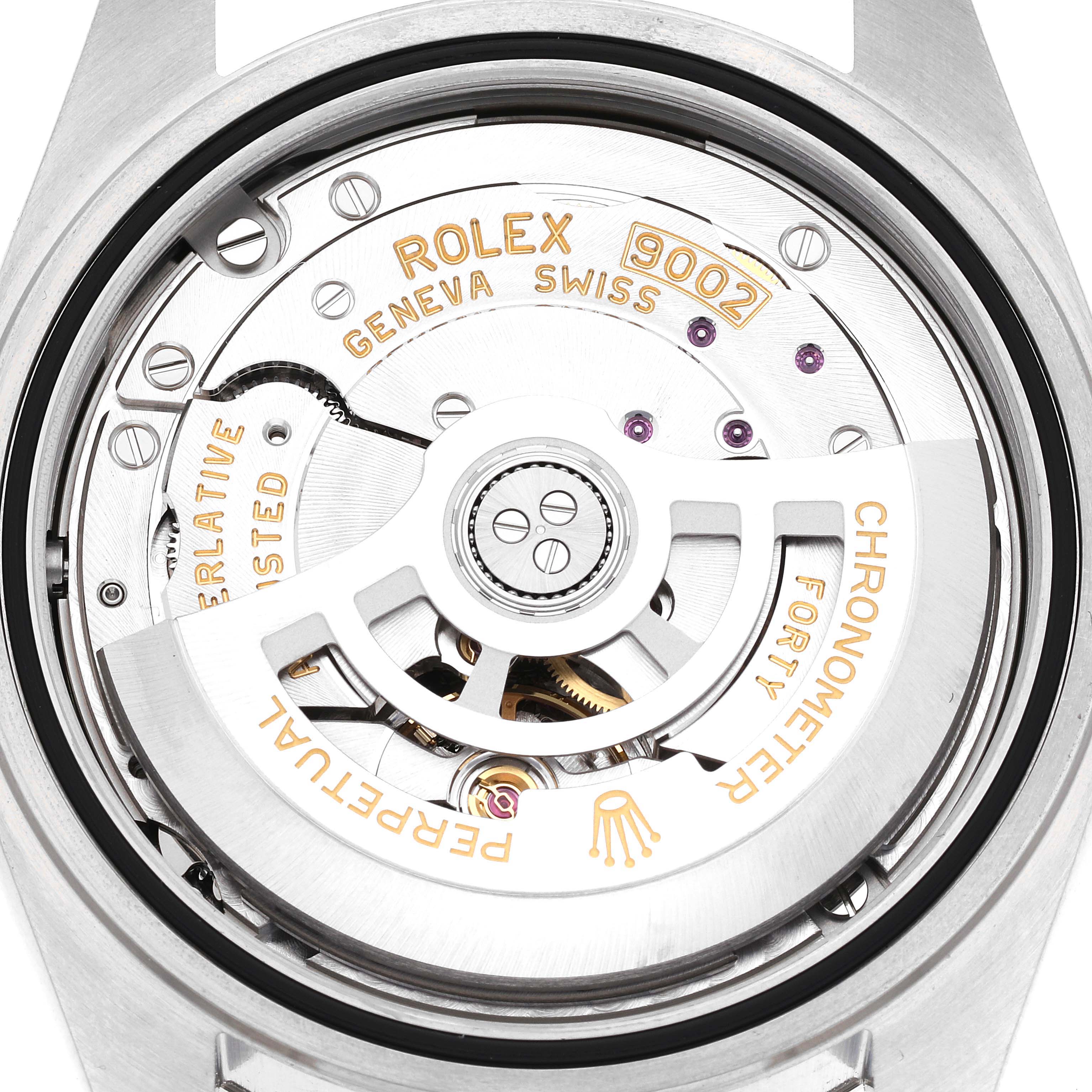 This image shows the open case back of a Rolex Sky-Dweller 336934 Men
s Stainless Steel White Dial 336934 Men
s Stainless Steel White Dial, highlighting its intricate movement and components.