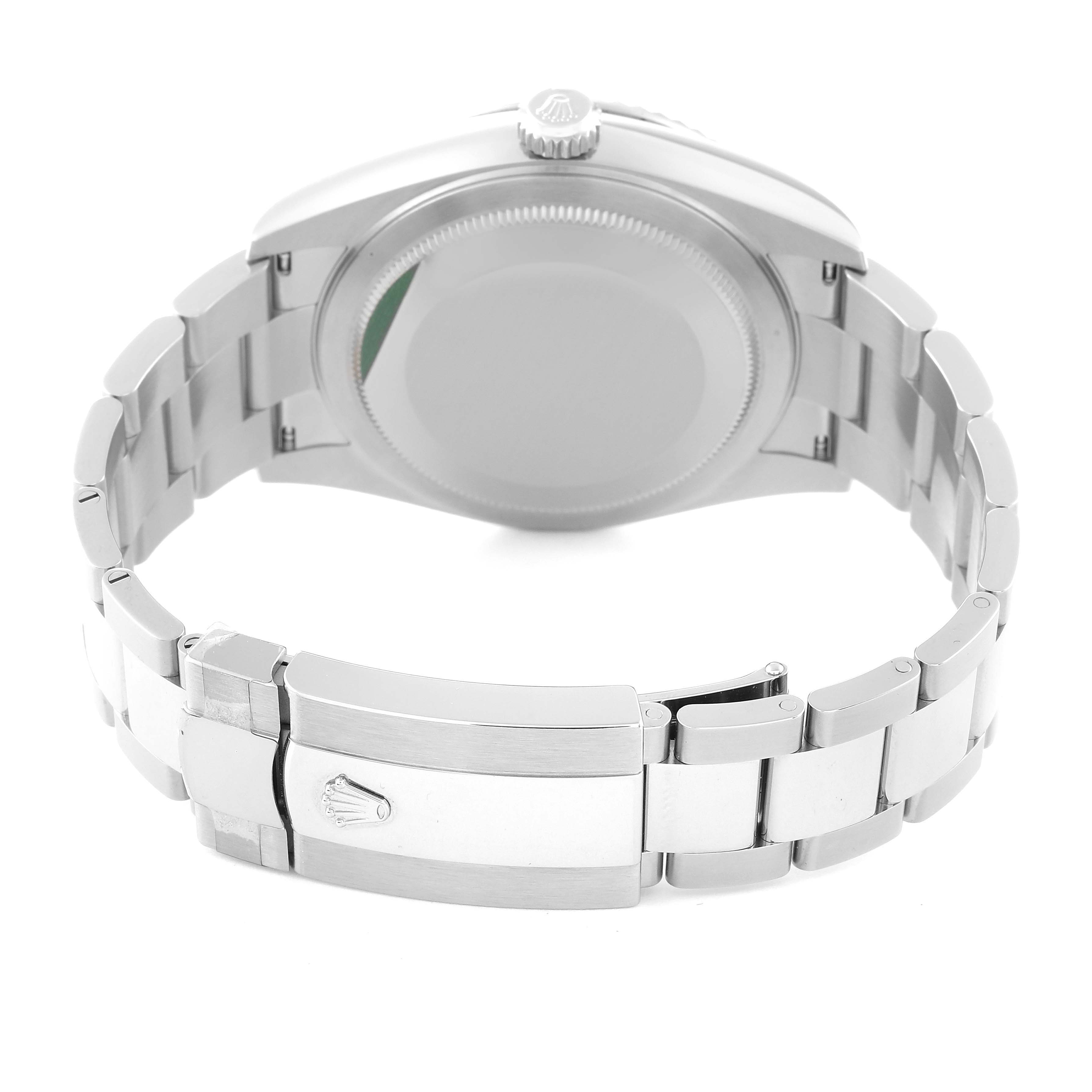 The image shows the back view of a Rolex Sky-Dweller 336934 Men
s Stainless Steel White Dial 336934 Men
s Stainless Steel White Dial watch, highlighting the clasp, bracelet, and case back.