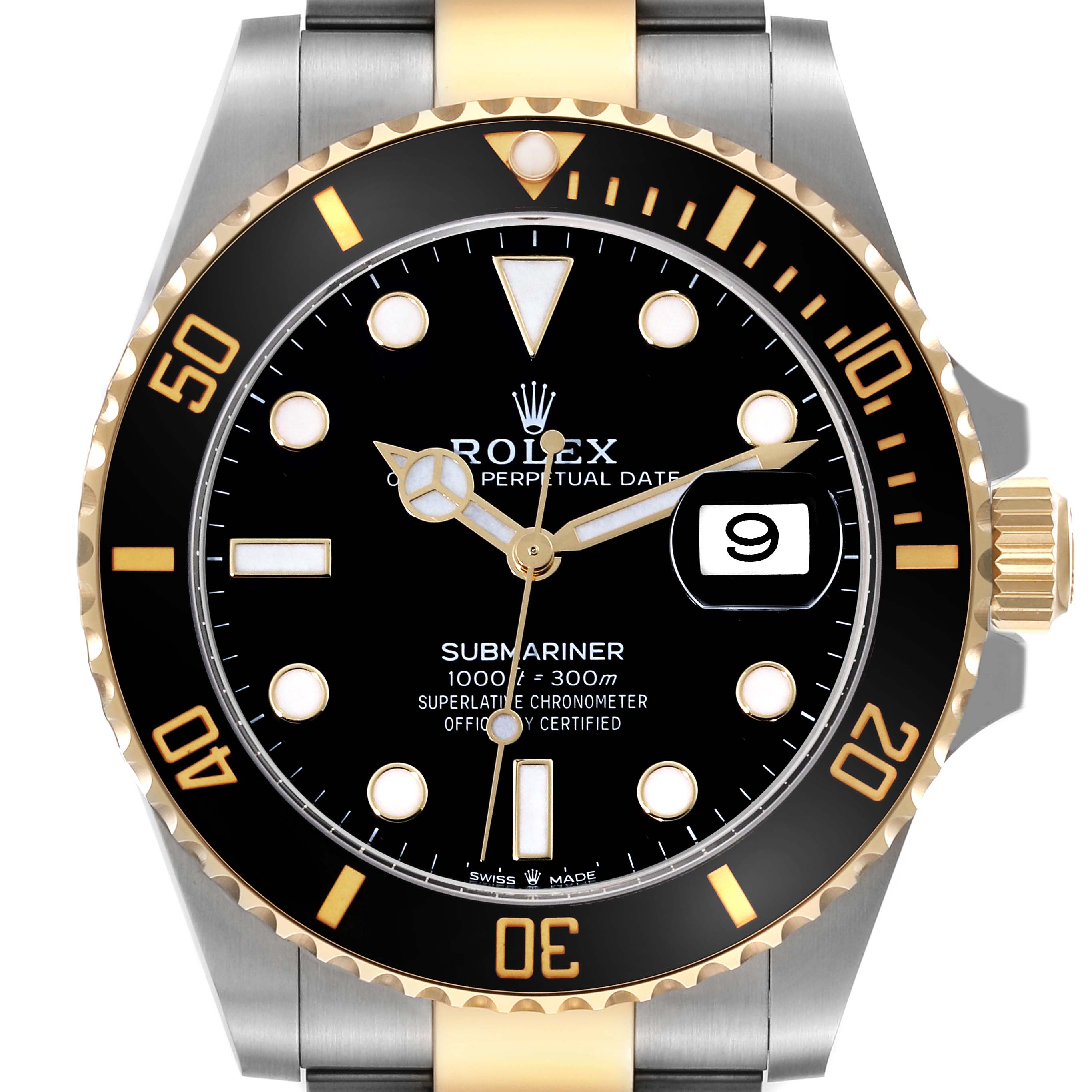 The image shows a front view of the Rolex Submariner 126613LN Men's Steel and Gold (two tone) Black Dial 126613LN Men's Steel and Gold (two tone) Black Dial, showcasing its dial, bezel, date window, and part of the bracelet.