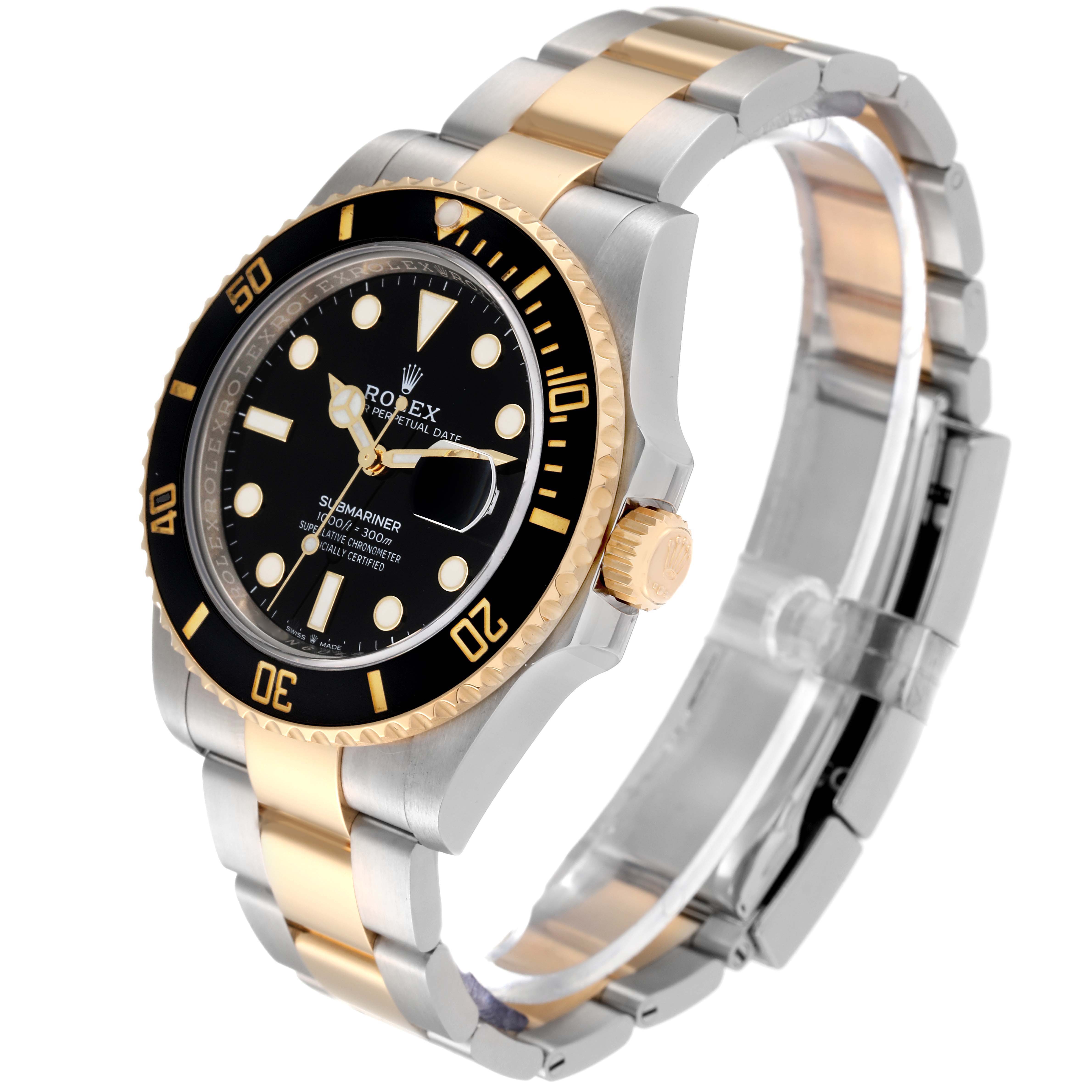 This image shows a Rolex Submariner 126613LN Men's Steel and Gold (two tone) Black Dial 126613LN Men's Steel and Gold (two tone) Black Dial watch at a three-quarter angle, highlighting the bezel, crown, and two-tone bracelet.
