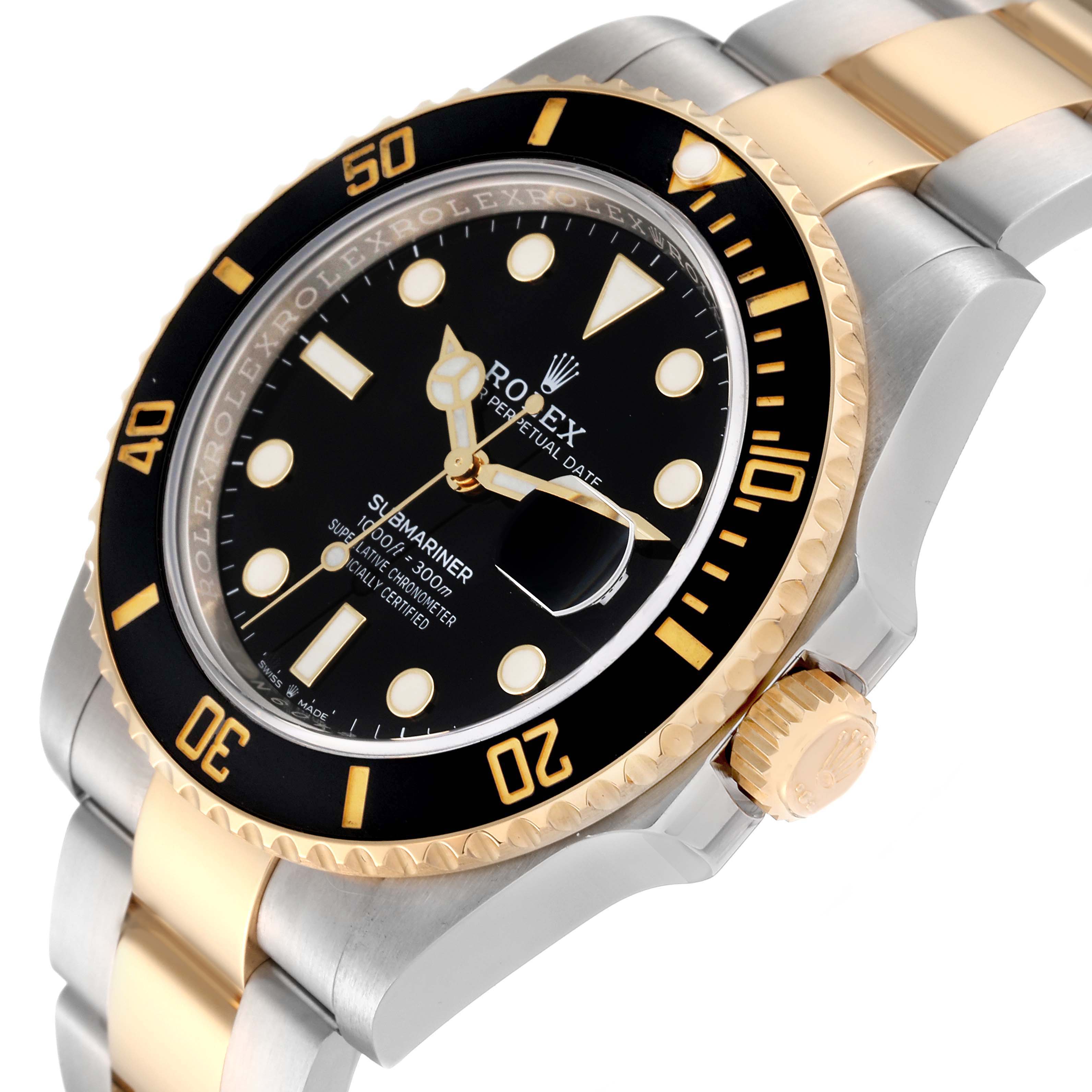 The image shows a Rolex Submariner 126613LN Men's Steel and Gold (two tone) Black Dial 126613LN Men's Steel and Gold (two tone) Black Dial watch at an angle highlighting the face, bezel, crown, and part of the bracelet.