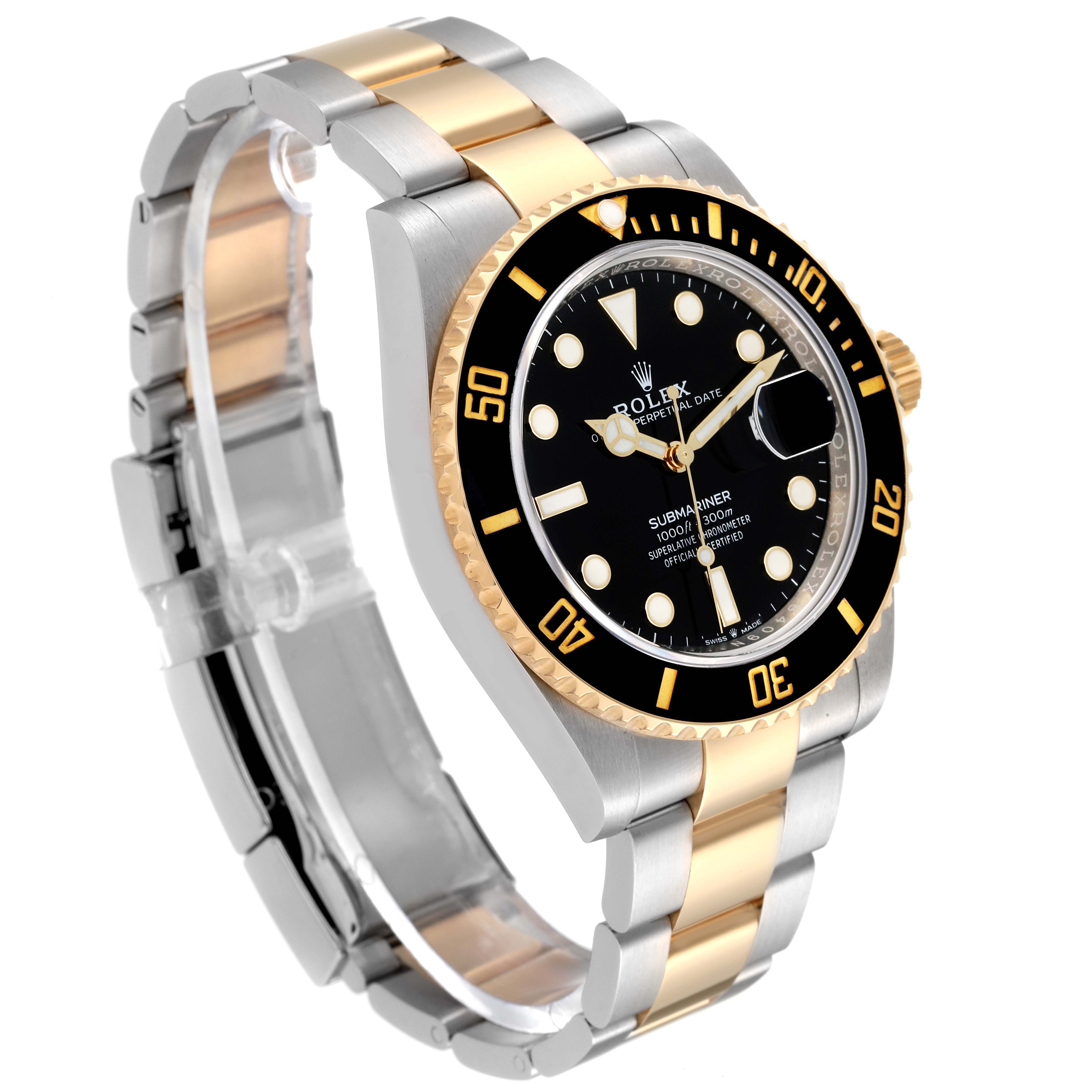 The image shows a Rolex Submariner 126613LN Men's Steel and Gold (two tone) Black Dial 126613LN Men's Steel and Gold (two tone) Black Dial watch angled to display the dial, bezel, crown, and bracelet with a two-tone design.