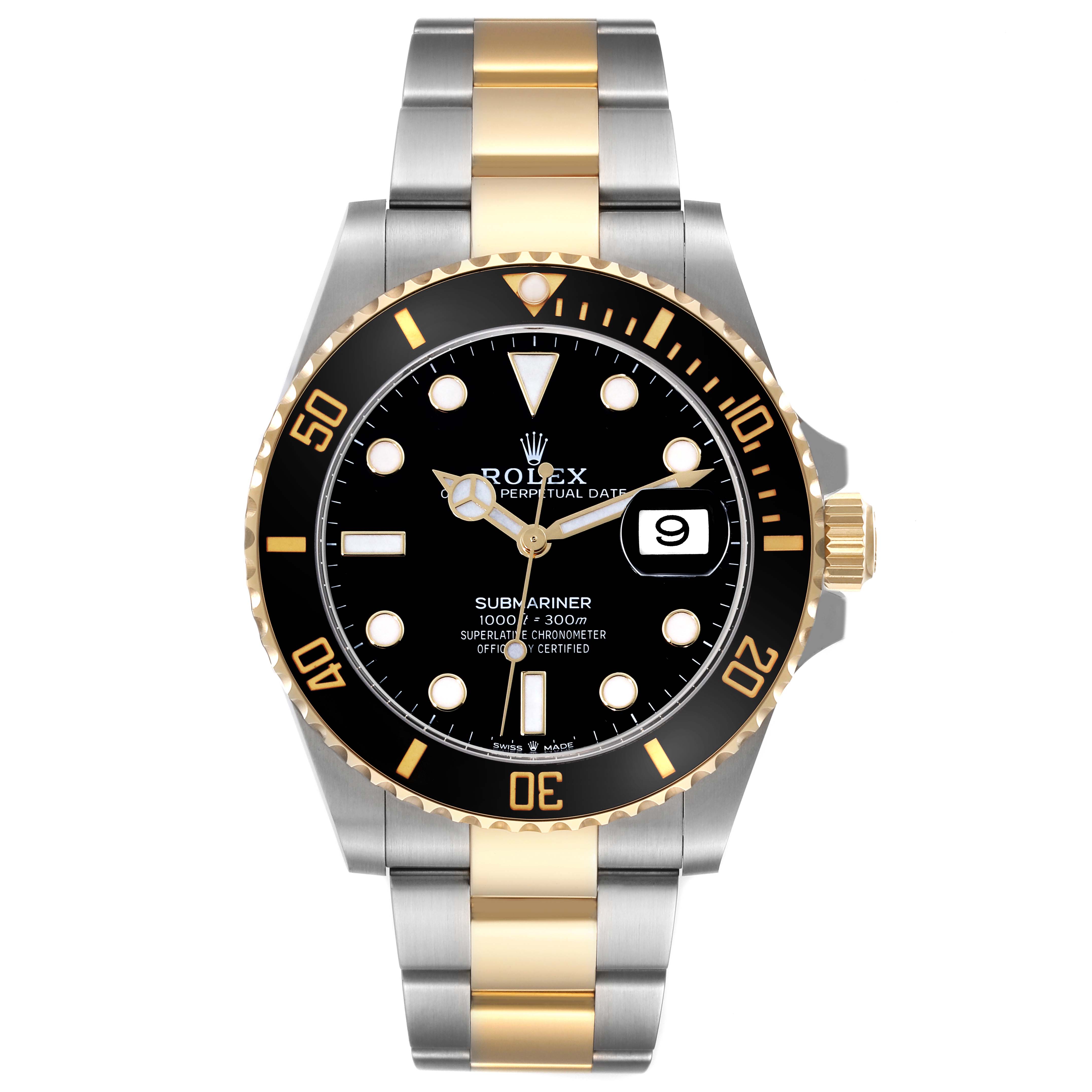 This image shows a front view of the Rolex Submariner 126613LN Men's Steel and Gold (two tone) Black Dial 126613LN Men's Steel and Gold (two tone) Black Dial watch, highlighting its dial, bezel, and bracelet.