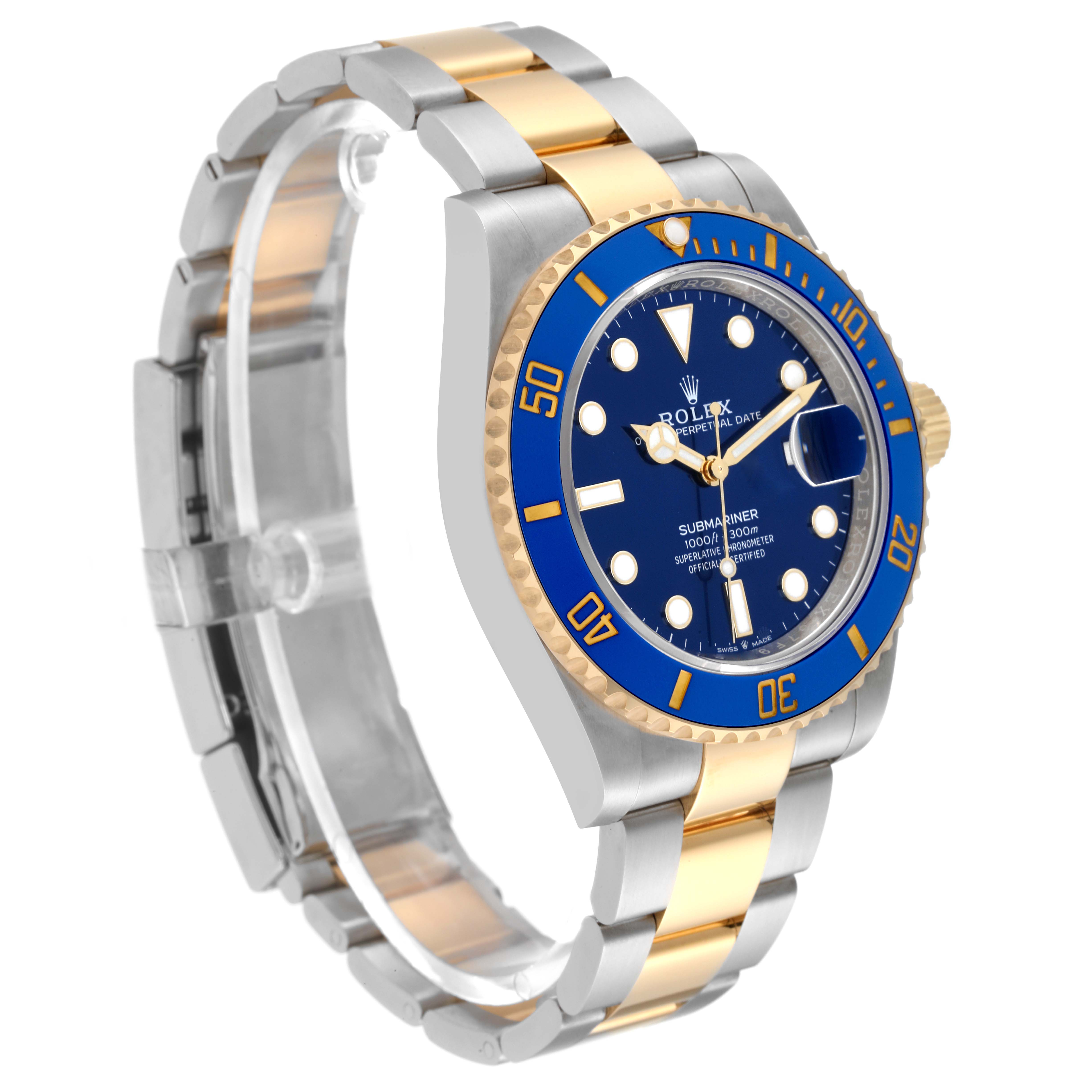 The image shows a side angle of a Rolex Submariner 126613LB Men
s Steel and Gold (two tone) Blue Dial 126613LB Men
s Steel and Gold (two tone) Blue Dial watch, displaying the dial, bezel, and bracelet clearly.
