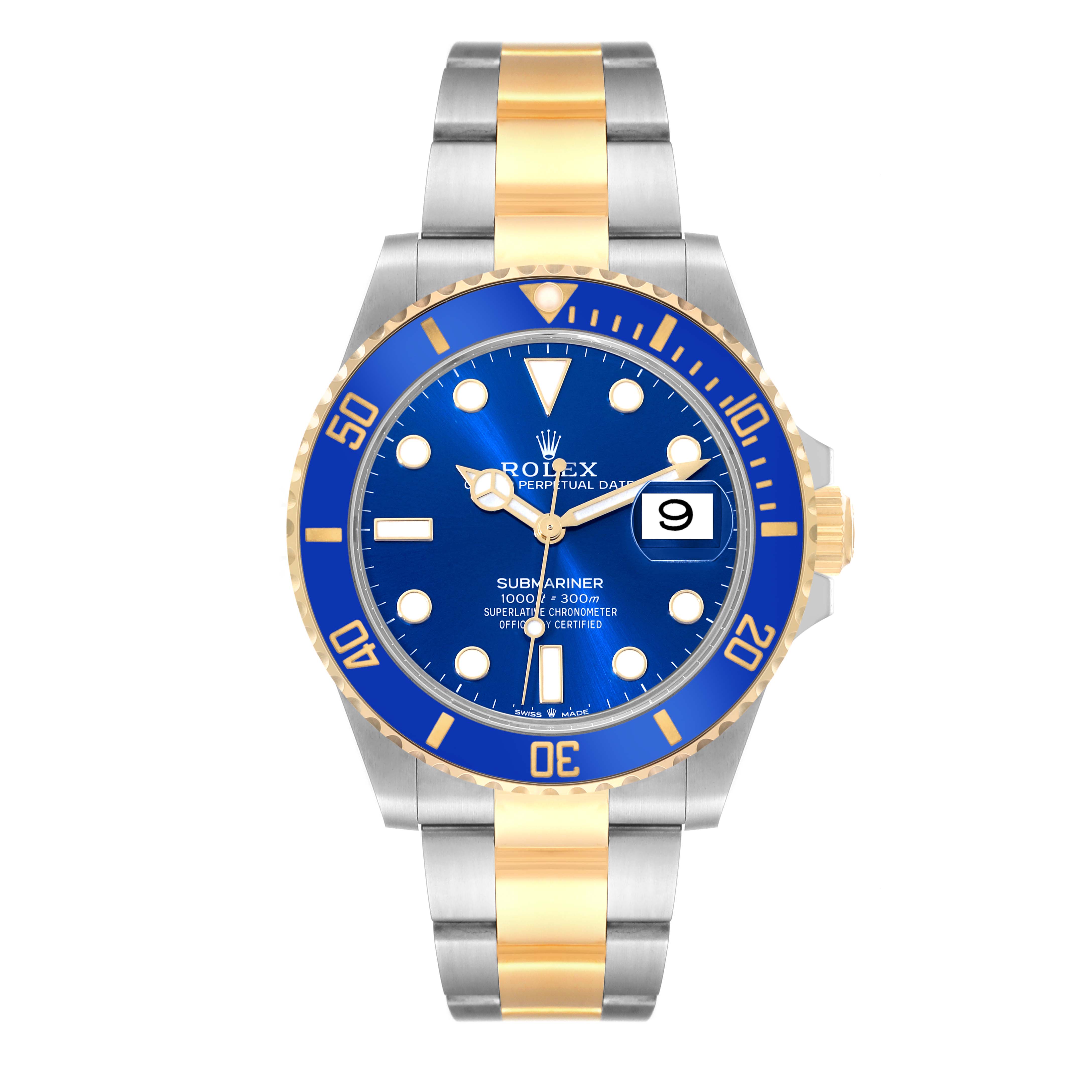 The image shows a front view of a Rolex Submariner 126613LB Men
s Steel and Gold (two tone) Blue Dial 126613LB Men
s Steel and Gold (two tone) Blue Dial watch, featuring a blue dial and bezel with gold and silver links on the bracelet.