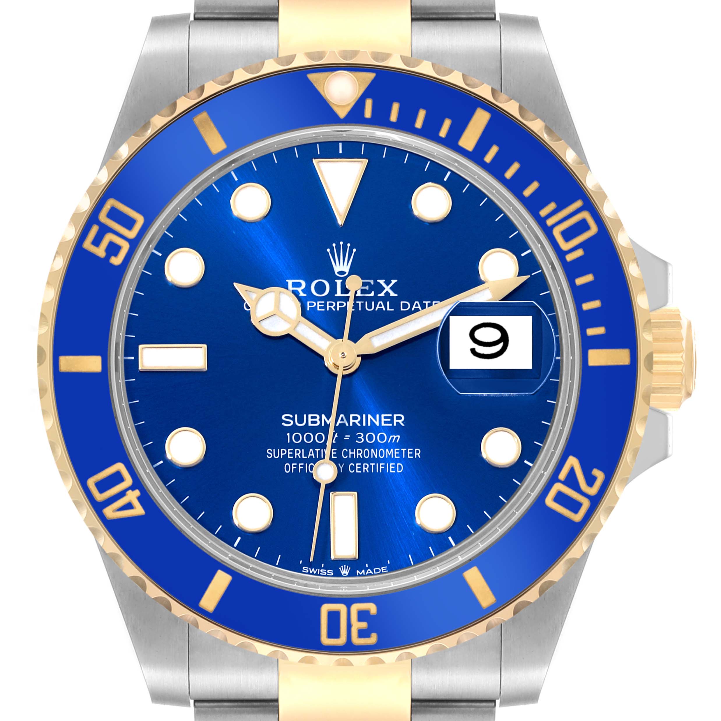 This is a close-up, front-facing view of a Rolex Submariner 126613LB Men
s Steel and Gold (two tone) Blue Dial 126613LB Men
s Steel and Gold (two tone) Blue Dial watch, showcasing its blue dial, gold accents, and date window.