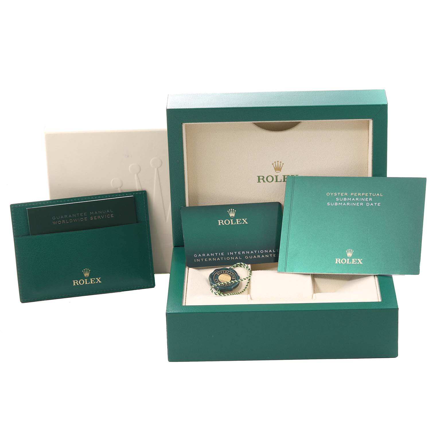 The image shows the Rolex Submariner 126613LB Men
s Steel and Gold (two tone) Blue Dial 126613LB Men
s Steel and Gold (two tone) Blue Dial packaging, including the watch box, warranty manuals, and tags.