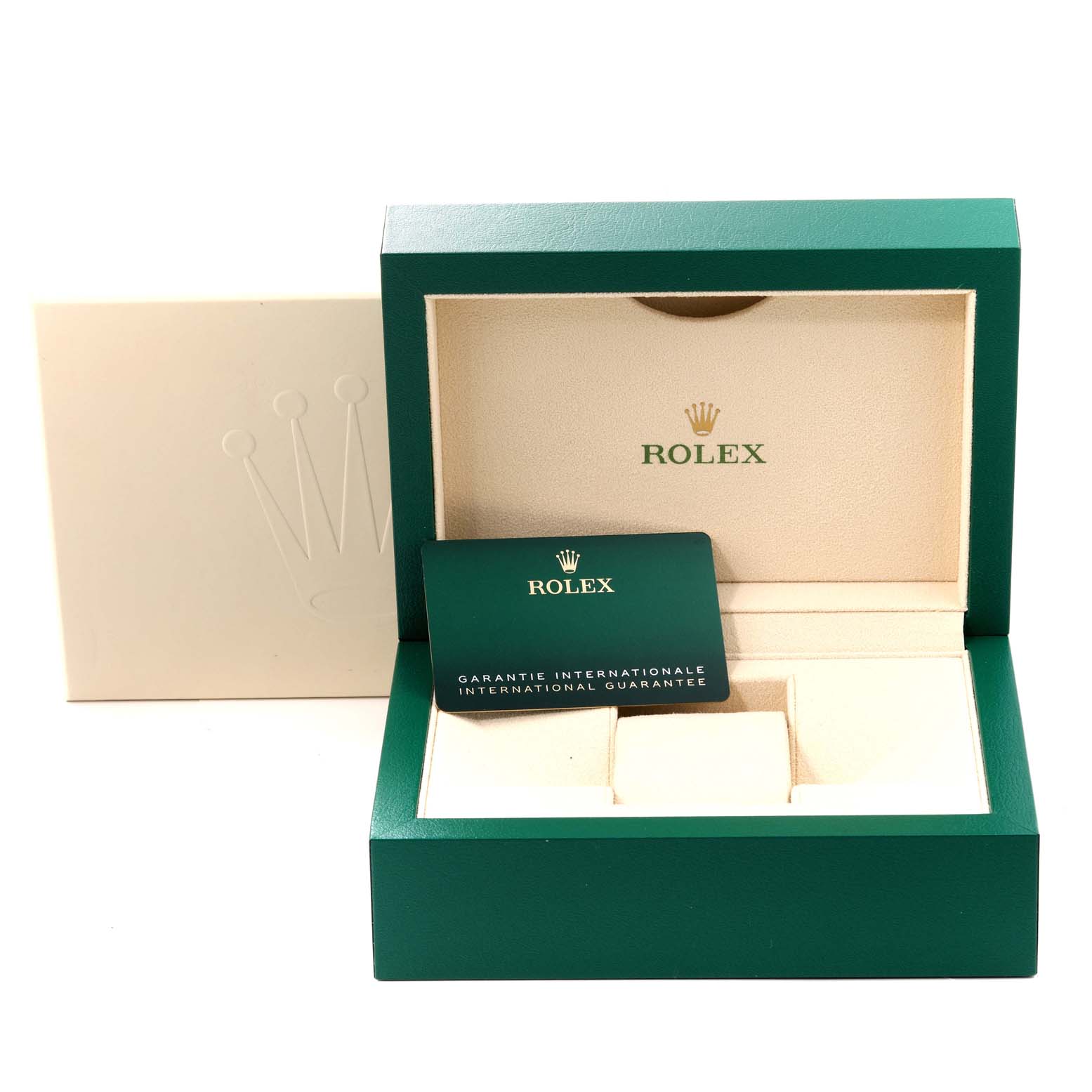 The image shows an open Rolex Submariner 126610LN Men
s Stainless Steel Black Dial 126610LN Men
s Stainless Steel Black Dial watch box with an international guarantee card placed inside.