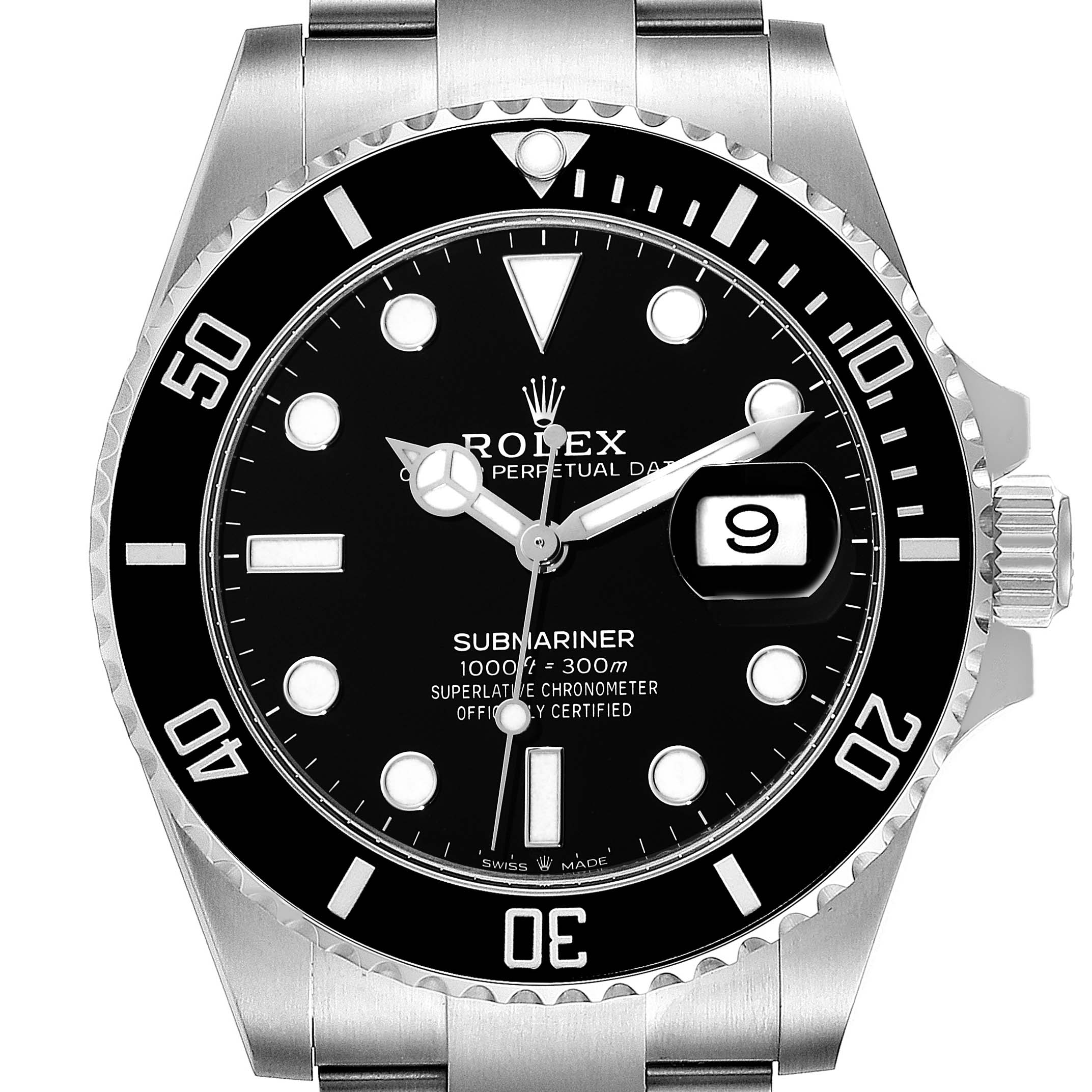 The image shows a front view of the Rolex Submariner 126610LN Men
s Stainless Steel Black Dial 126610LN Men
s Stainless Steel Black Dial watch, highlighting its black dial, bezel, and stainless steel bracelet.