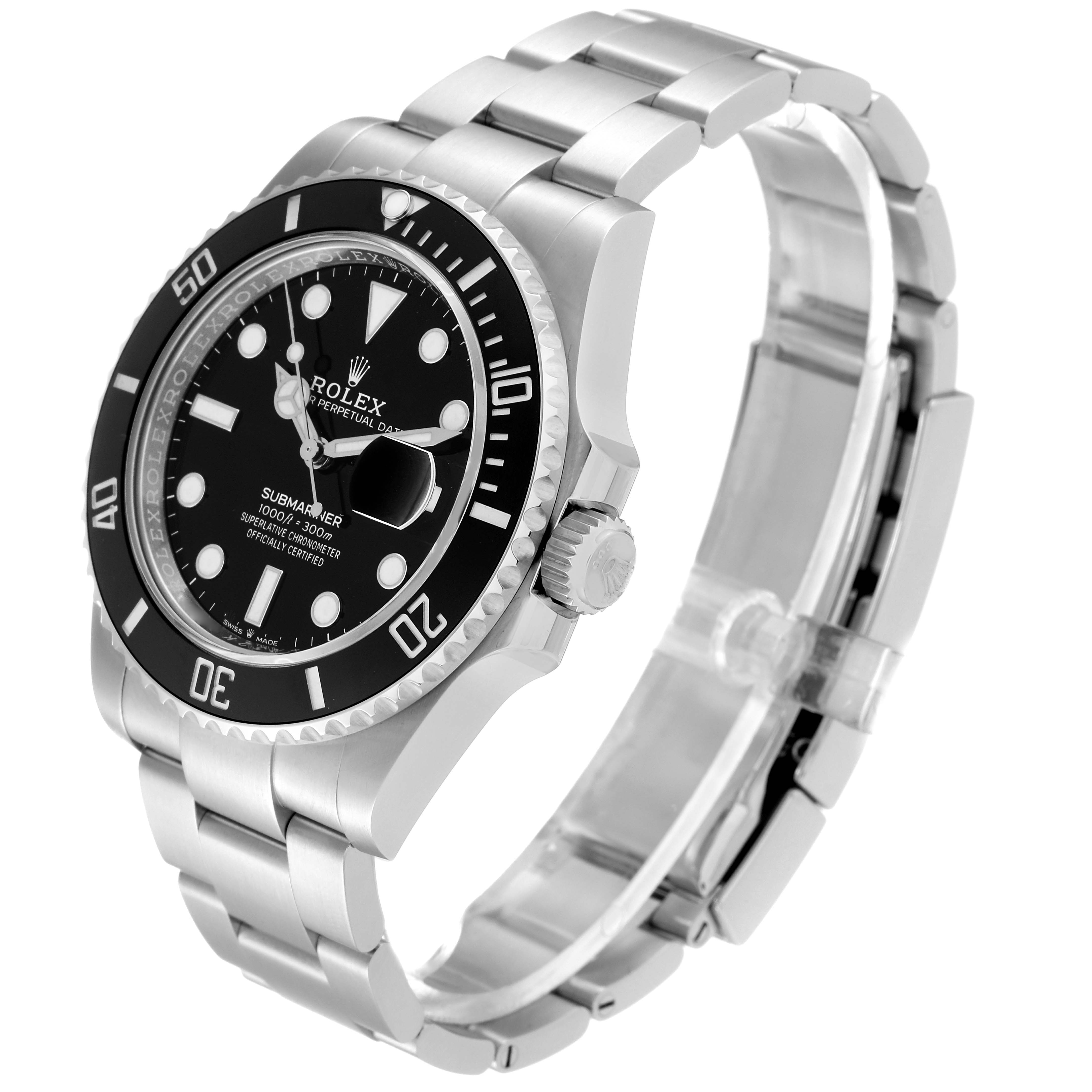 The Rolex Submariner 126610LN Men
s Stainless Steel Black Dial 126610LN Men
s Stainless Steel Black Dial watch is shown from an angled side view, displaying the face, bezel, crown, and bracelet.