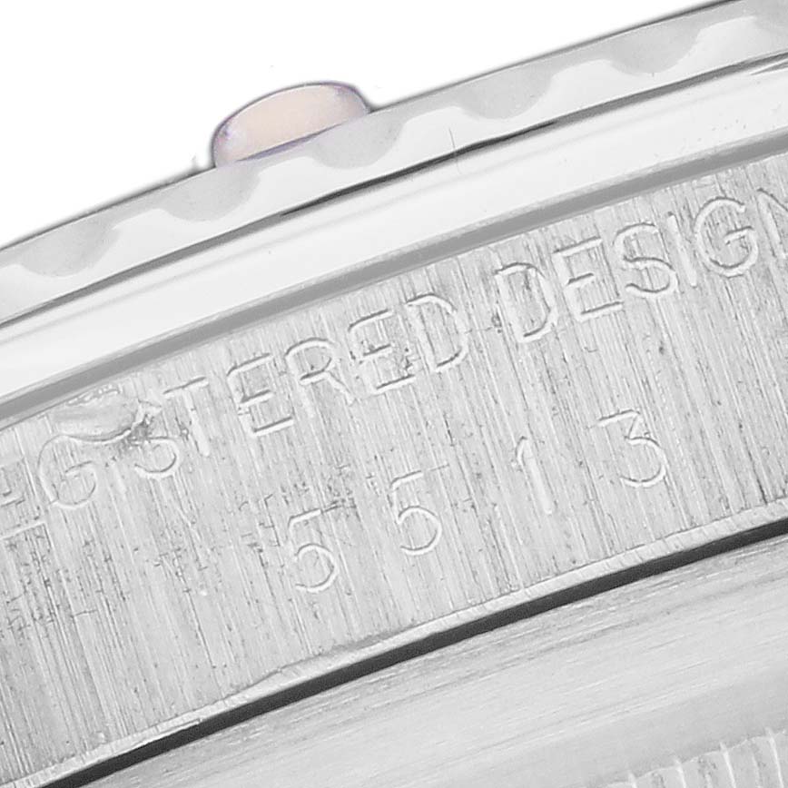 The image shows a close-up of the Rolex Submariner 5513 Men's Stainless Steel Black Dial 5513 Men's Stainless Steel Black Dial model, focusing on the engraved details on the case.