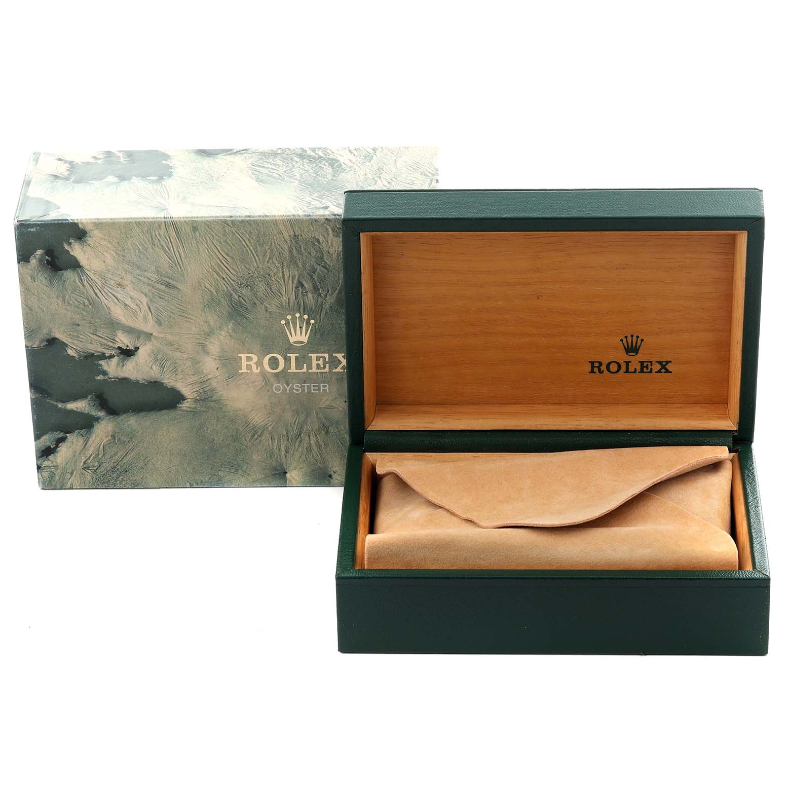 The image shows a Rolex Submariner 5513 Men's Stainless Steel Black Dial 5513 Men's Stainless Steel Black Dial box and its packaging, including an open green box with wooden interior and a protective cover.