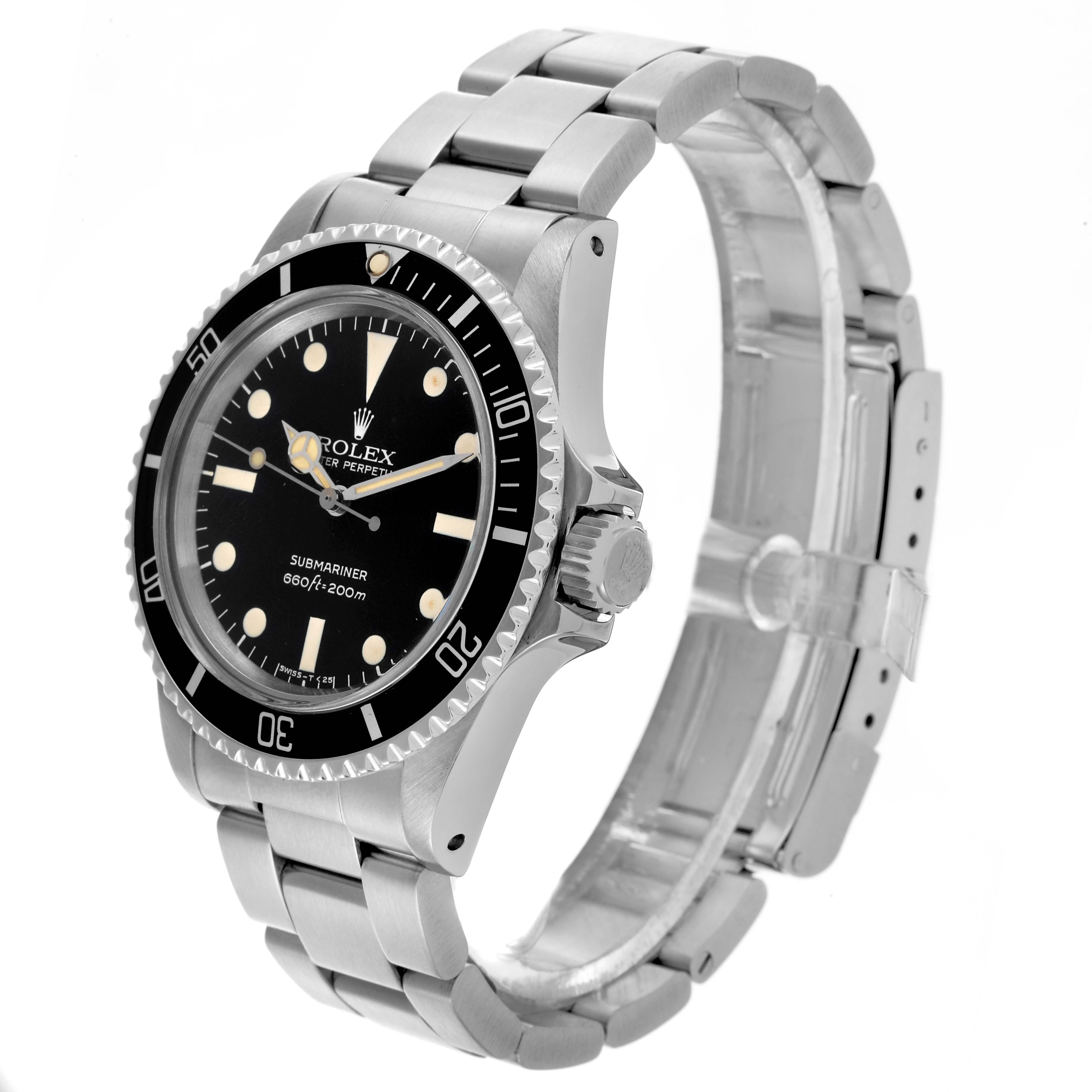The Rolex Submariner 5513 Men's Stainless Steel Black Dial 5513 Men's Stainless Steel Black Dial watch is shown at a side angle, displaying the face, bezel, crown, and bracelet in detail.