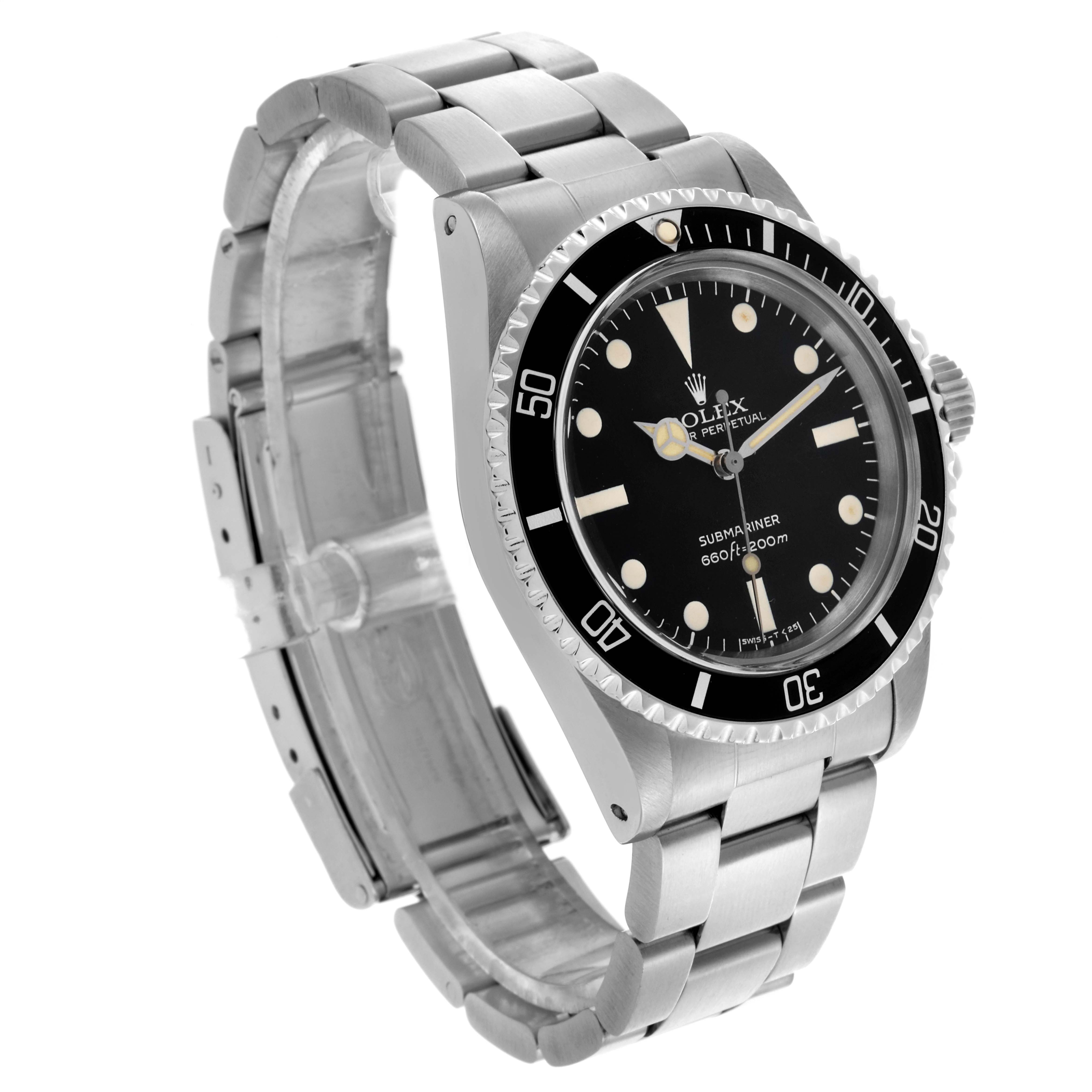 The Rolex Submariner 5513 Men's Stainless Steel Black Dial 5513 Men's Stainless Steel Black Dial watch is shown at a three-quarter angle, displaying its face, bezel, and bracelet.