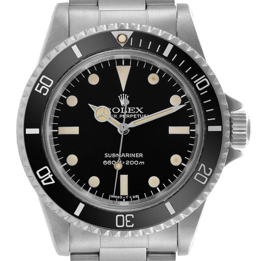 The image shows a front view of the Rolex Submariner, highlighting the dial, bezel, and bracelet.