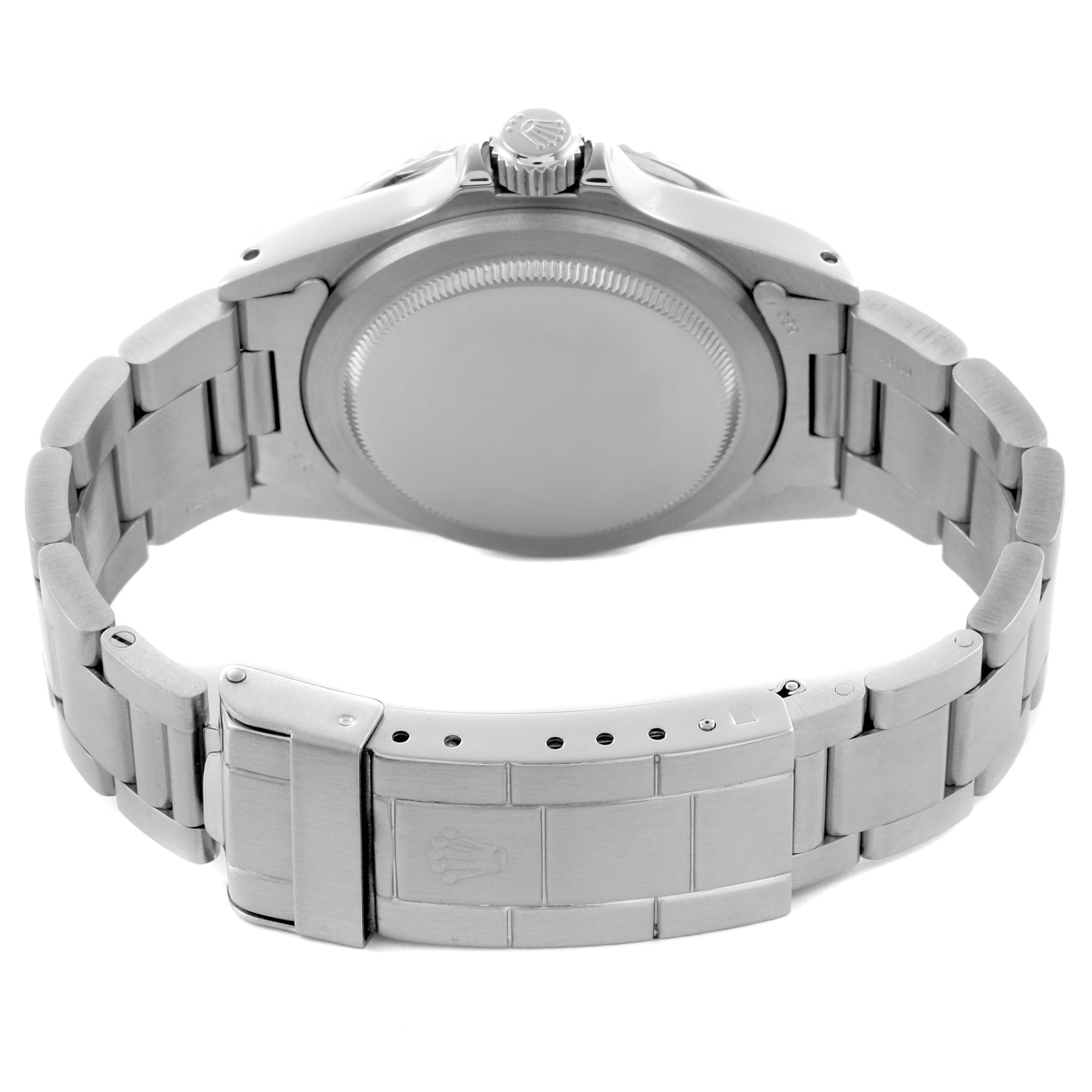 The image shows the back view of a Rolex Submariner 5513 Men's Stainless Steel Black Dial 5513 Men's Stainless Steel Black Dial watch, highlighting the caseback and bracelet links.