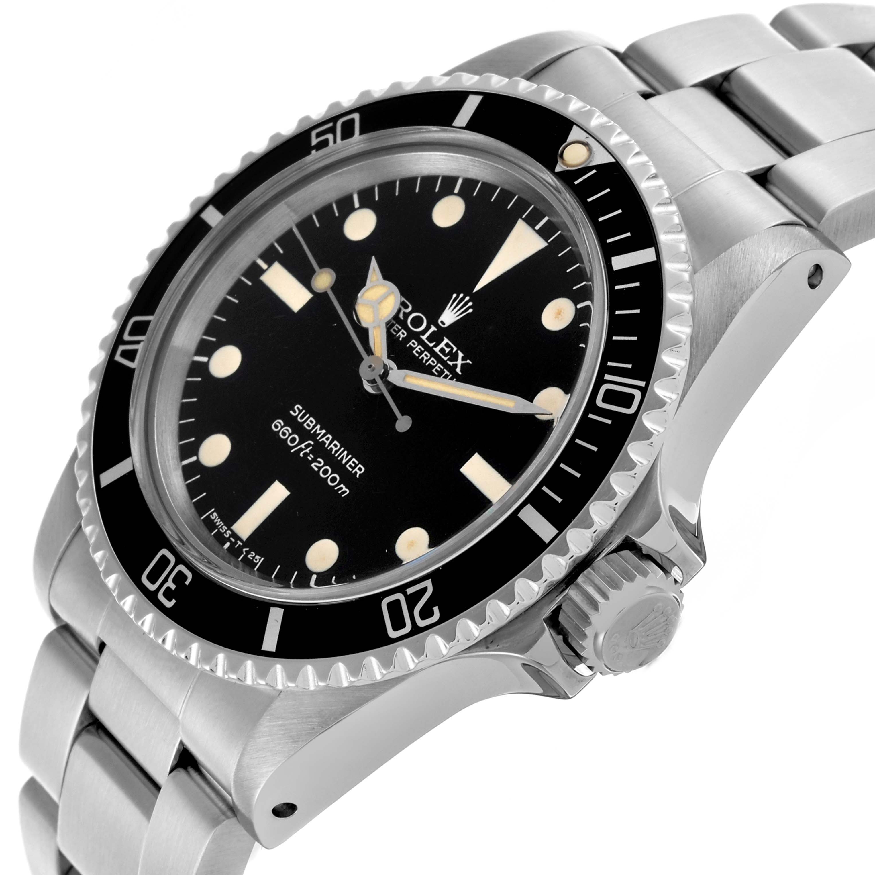 The Rolex Submariner 5513 Men's Stainless Steel Black Dial 5513 Men's Stainless Steel Black Dial watch is shown at an angle highlighting the dial, bezel, crown, and bracelet.