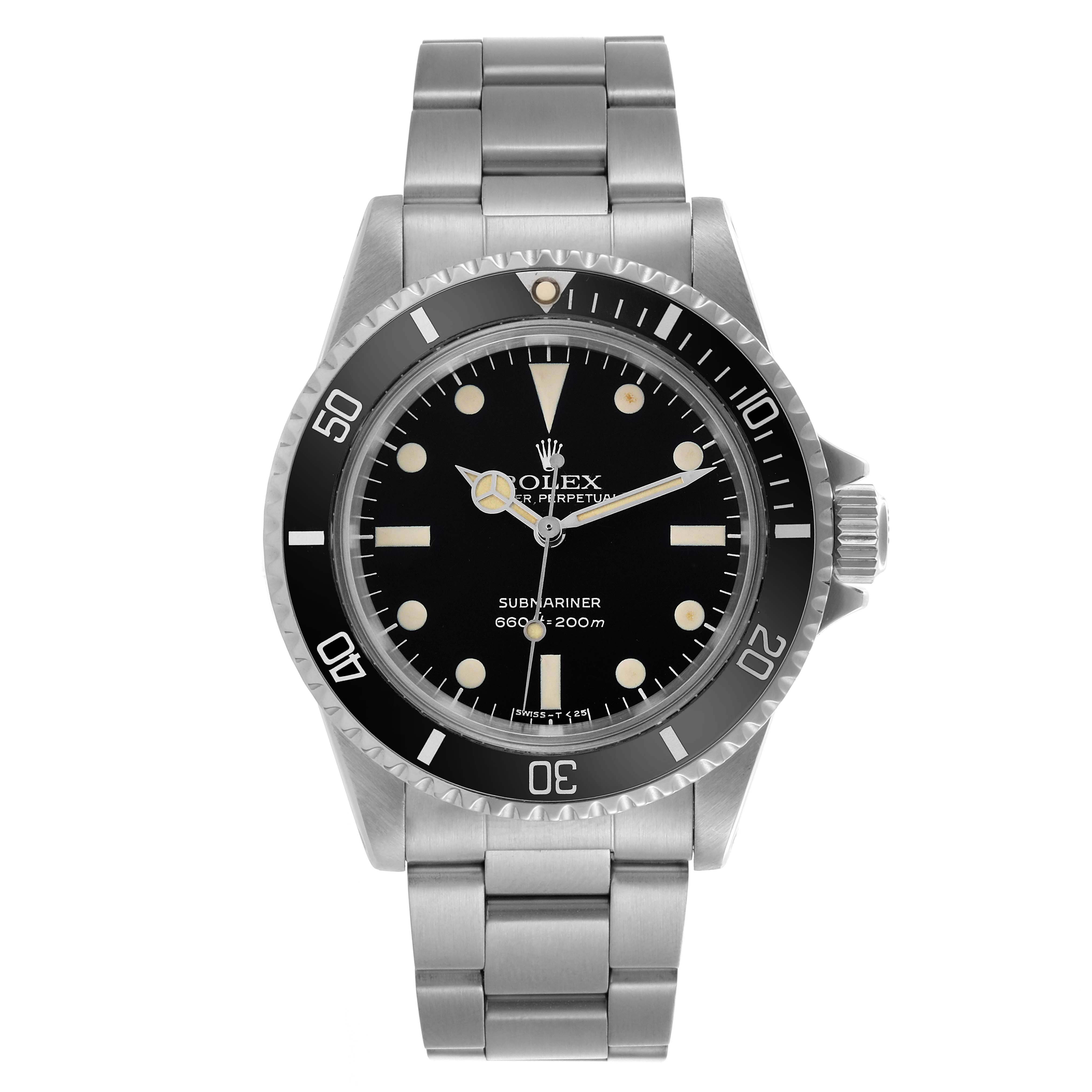 The Rolex Submariner 5513 Men's Stainless Steel Black Dial 5513 Men's Stainless Steel Black Dial watch is shown from a front angle, highlighting its dial, bezel, and bracelet.