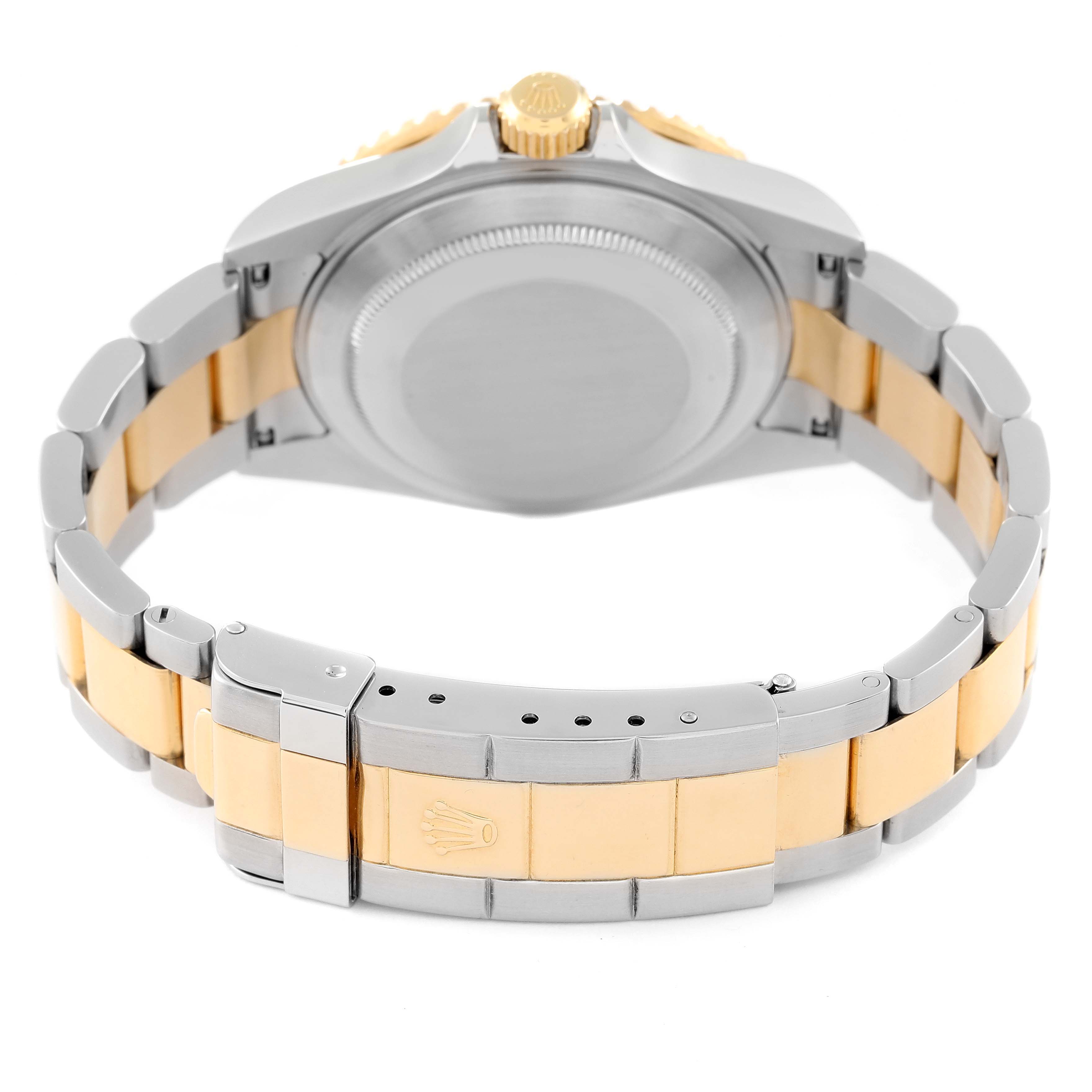 The image shows the back view of a Rolex Submariner 16613 Men
s Steel and Gold (two tone) Blue Dial 16613 Men
s Steel and Gold (two tone) Blue Dial watch, highlighting the clasp, bracelet, and case back.