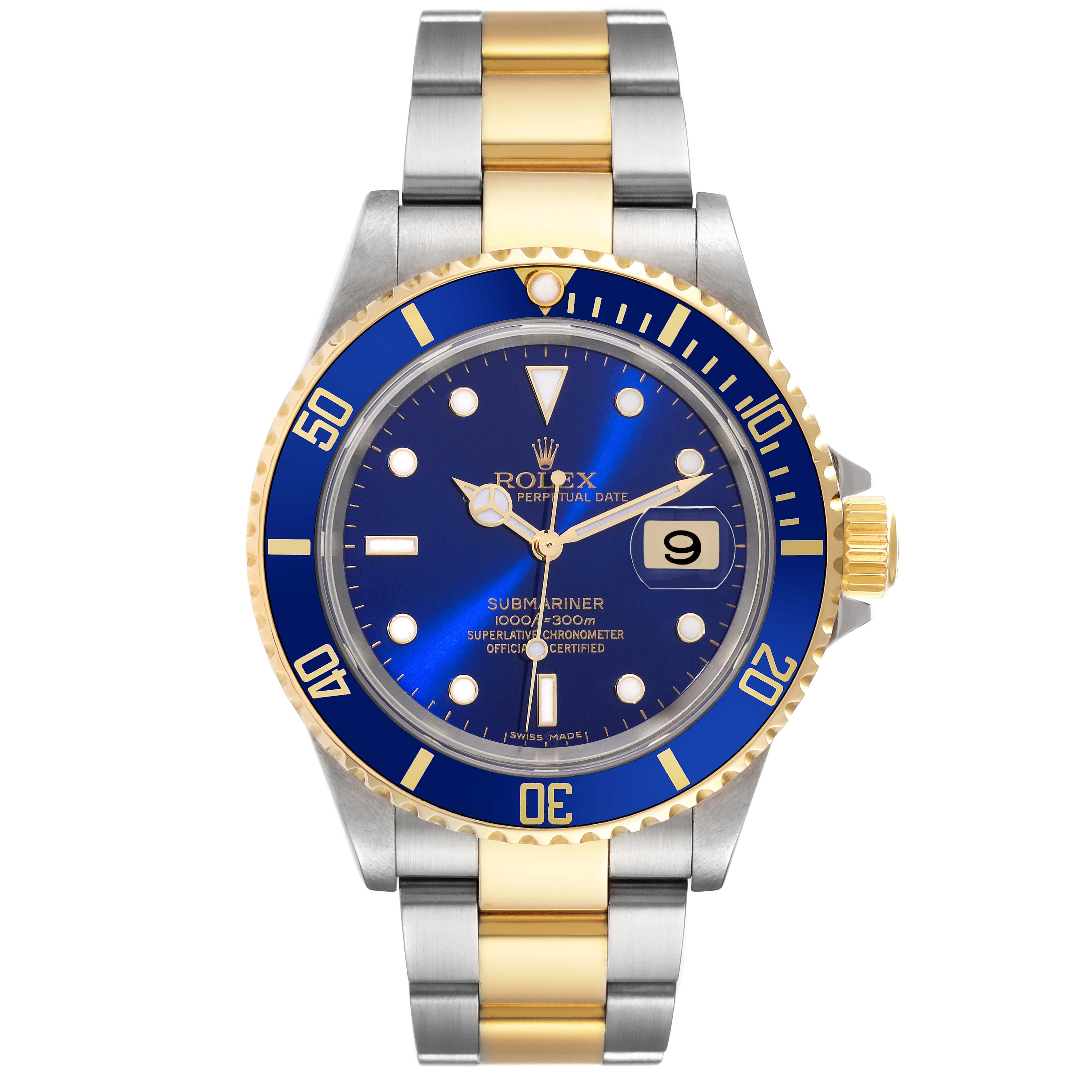 This is a front view of a Rolex Submariner 16613 Men
s Steel and Gold (two tone) Blue Dial 16613 Men
s Steel and Gold (two tone) Blue Dial watch showcasing the dial, bezel, bracelet, and crown.