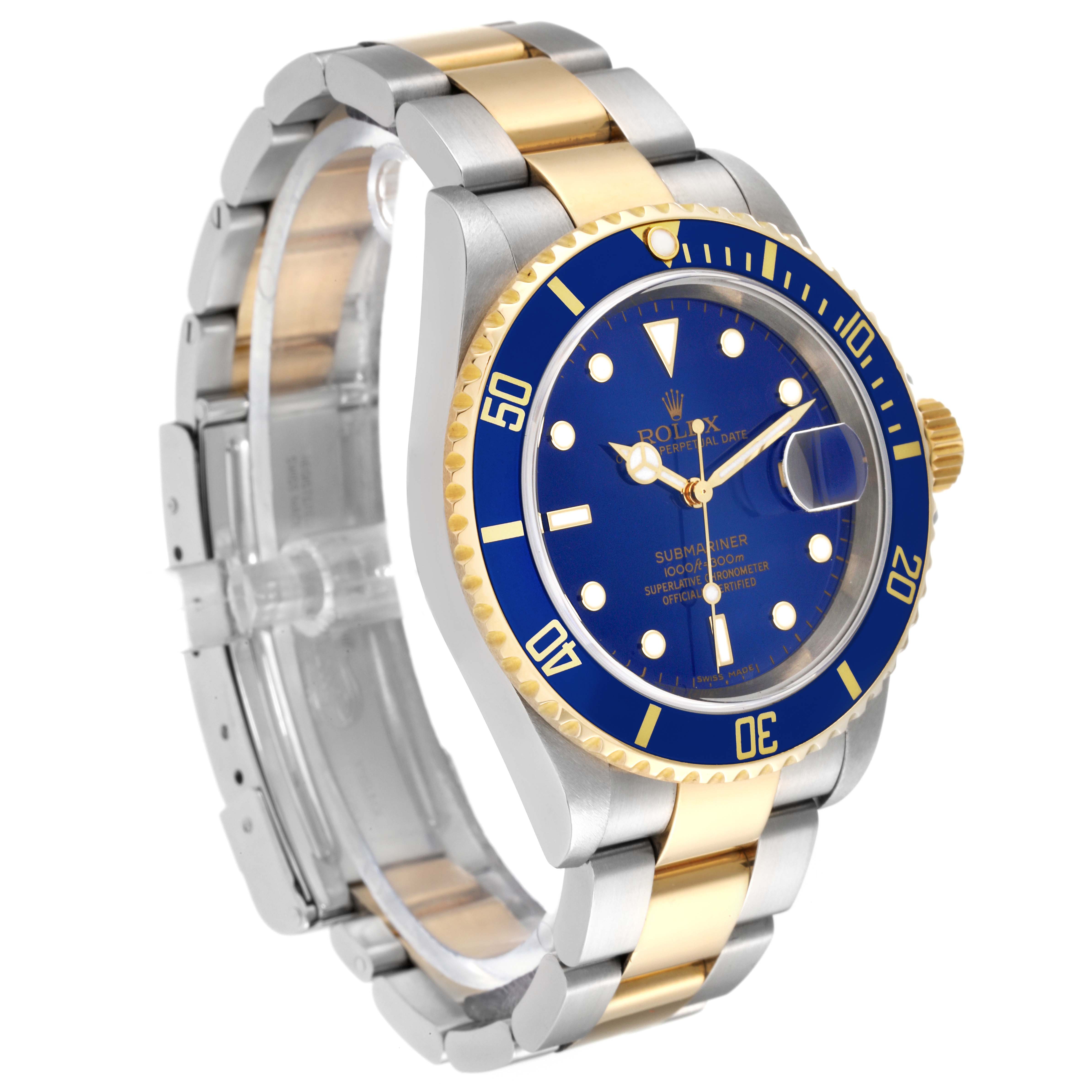 A side angle view showing the face, bezel, crown, and two-tone bracelet of the Rolex Submariner 16613 Men
s Steel and Gold (two tone) Blue Dial 16613 Men
s Steel and Gold (two tone) Blue Dial watch.