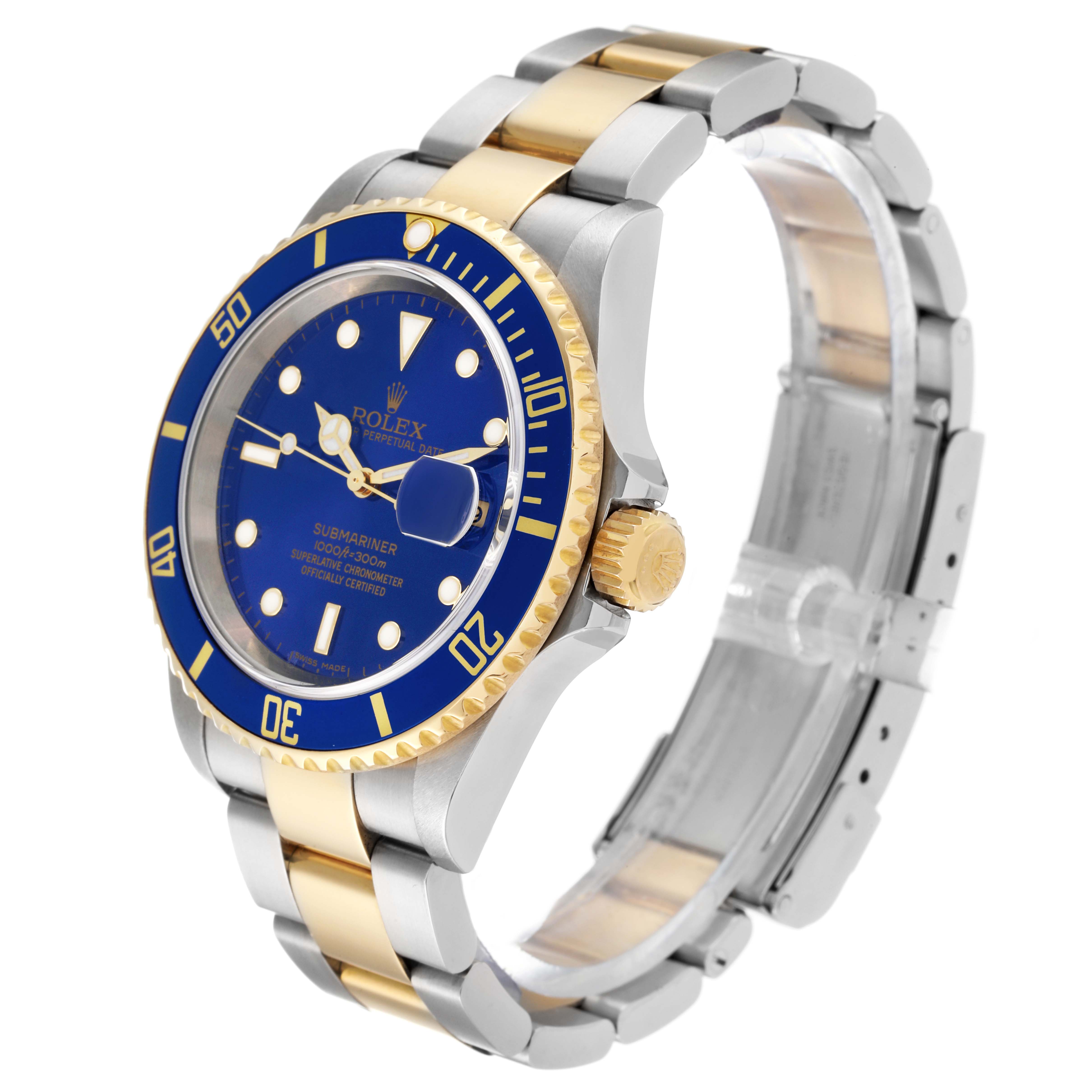 The Rolex Submariner 16613 Men
s Steel and Gold (two tone) Blue Dial 16613 Men
s Steel and Gold (two tone) Blue Dial watch is shown at an angle, highlighting the watch face, bezel, and bracelet.