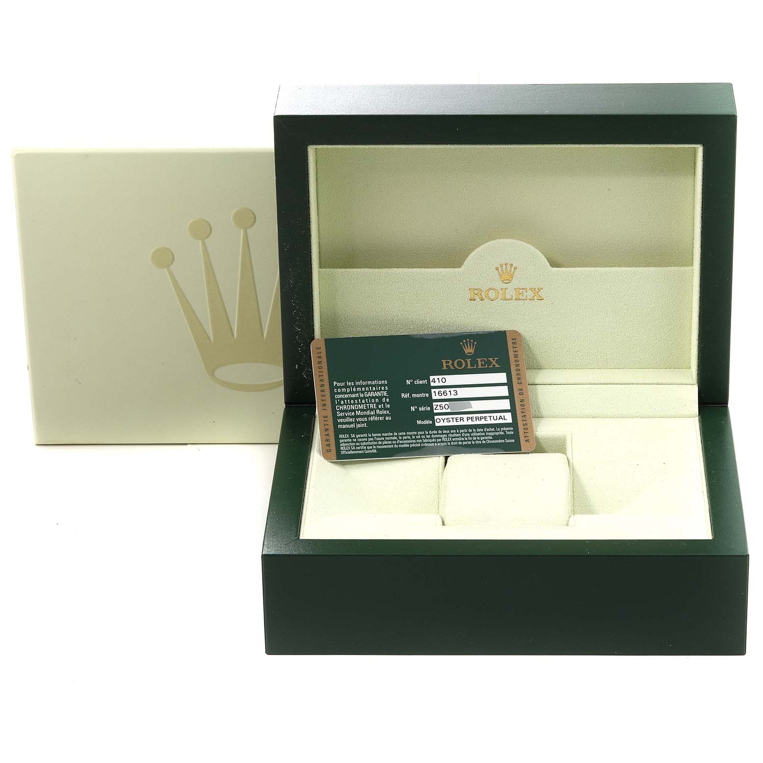 The image shows an open Rolex Submariner 16613 Men
s Steel and Gold (two tone) Blue Dial 16613 Men
s Steel and Gold (two tone) Blue Dial watch box, warranty card, and outer box, captured from a front-facing angle.