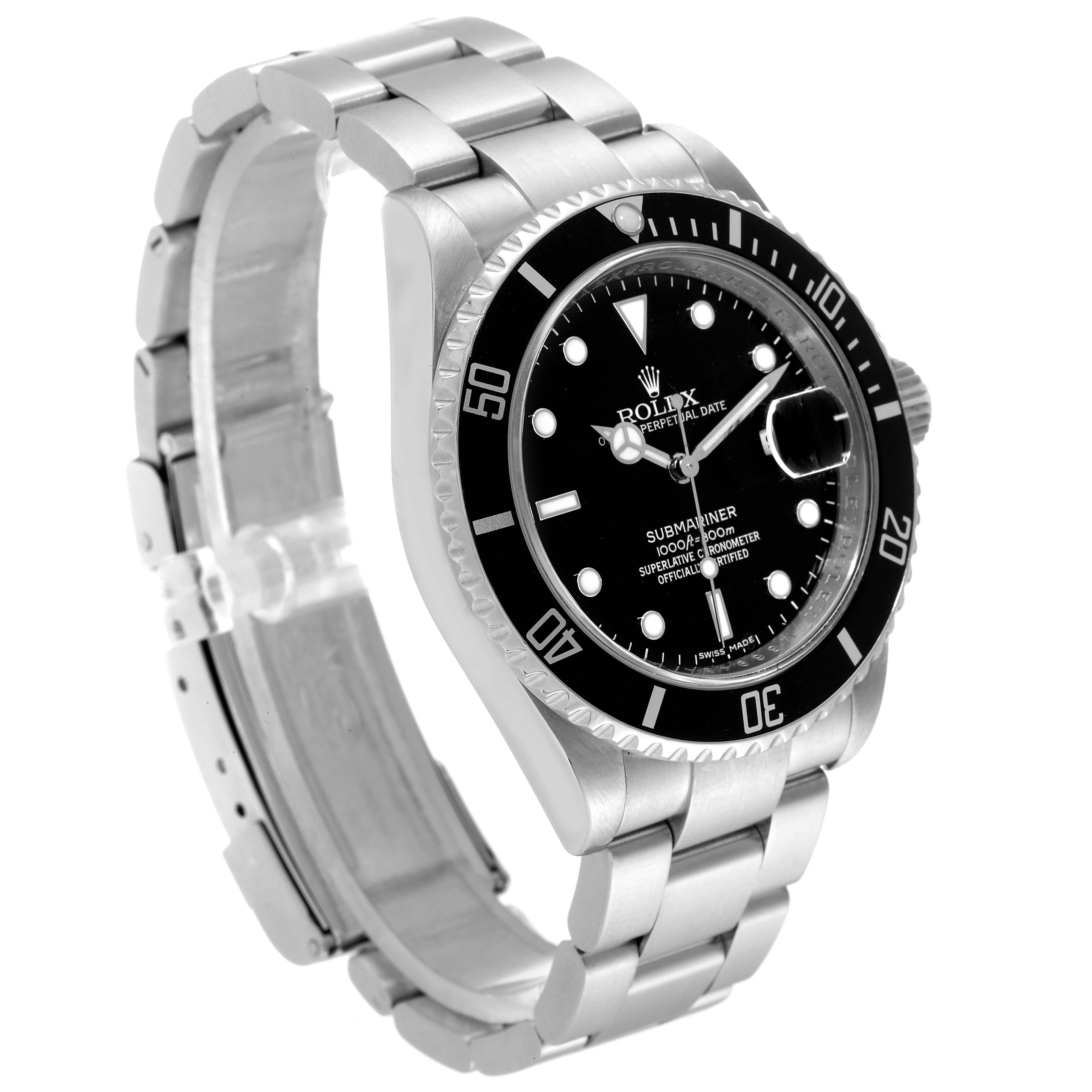 This image shows a side and angled view of the Rolex Submariner 16610 Men
s Stainless Steel Black Dial 16610 Men
s Stainless Steel Black Dial watch, highlighting the case, bracelet, dial, and bezel.