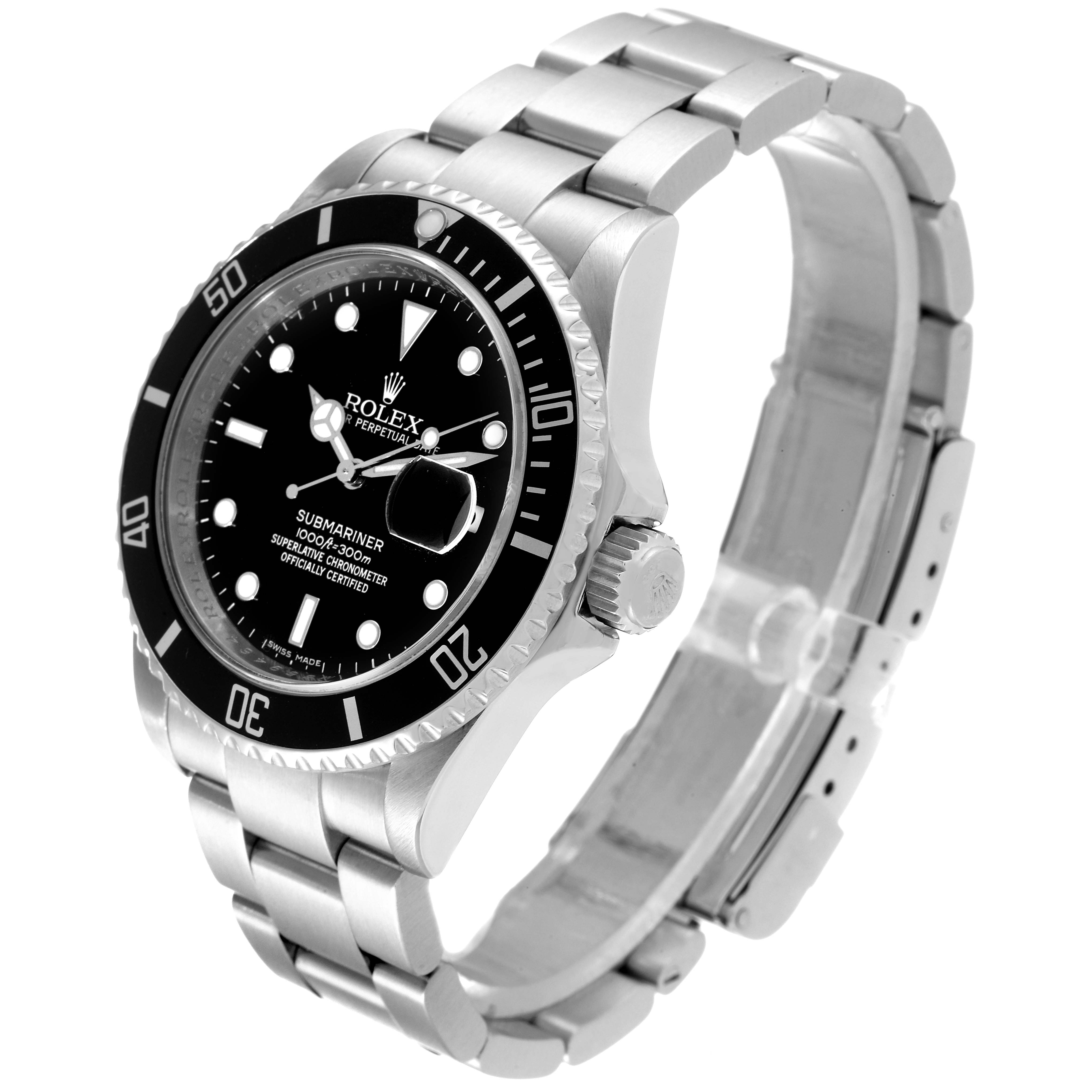 The image shows a Rolex Submariner 16610 Men
s Stainless Steel Black Dial 16610 Men
s Stainless Steel Black Dial watch at a three-quarter angle, highlighting its black dial, bezel, and stainless steel bracelet.