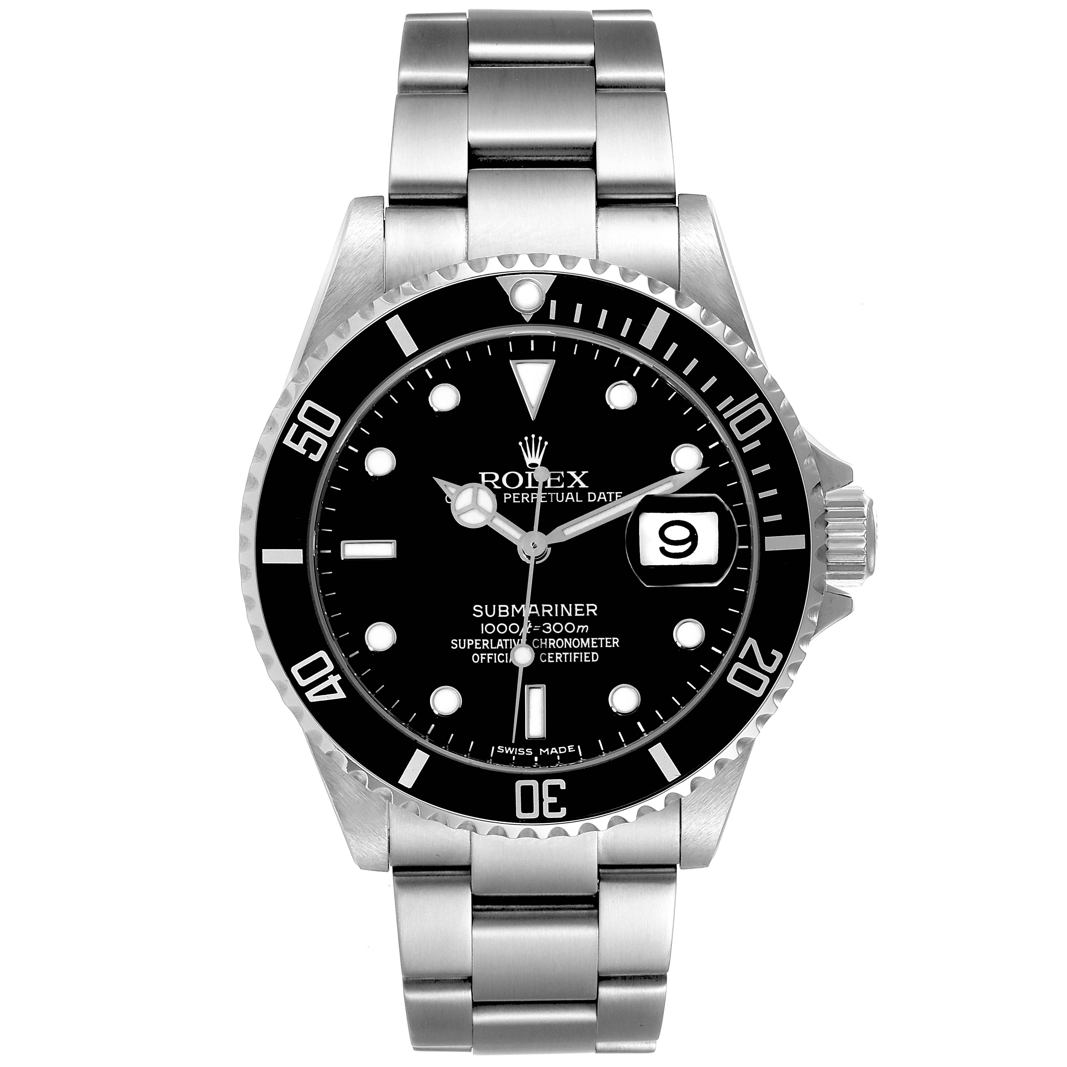 The image shows a front view of a Rolex Submariner 16610 Men
s Stainless Steel Black Dial 16610 Men
s Stainless Steel Black Dial watch, highlighting its black dial, bezel, and stainless steel bracelet.