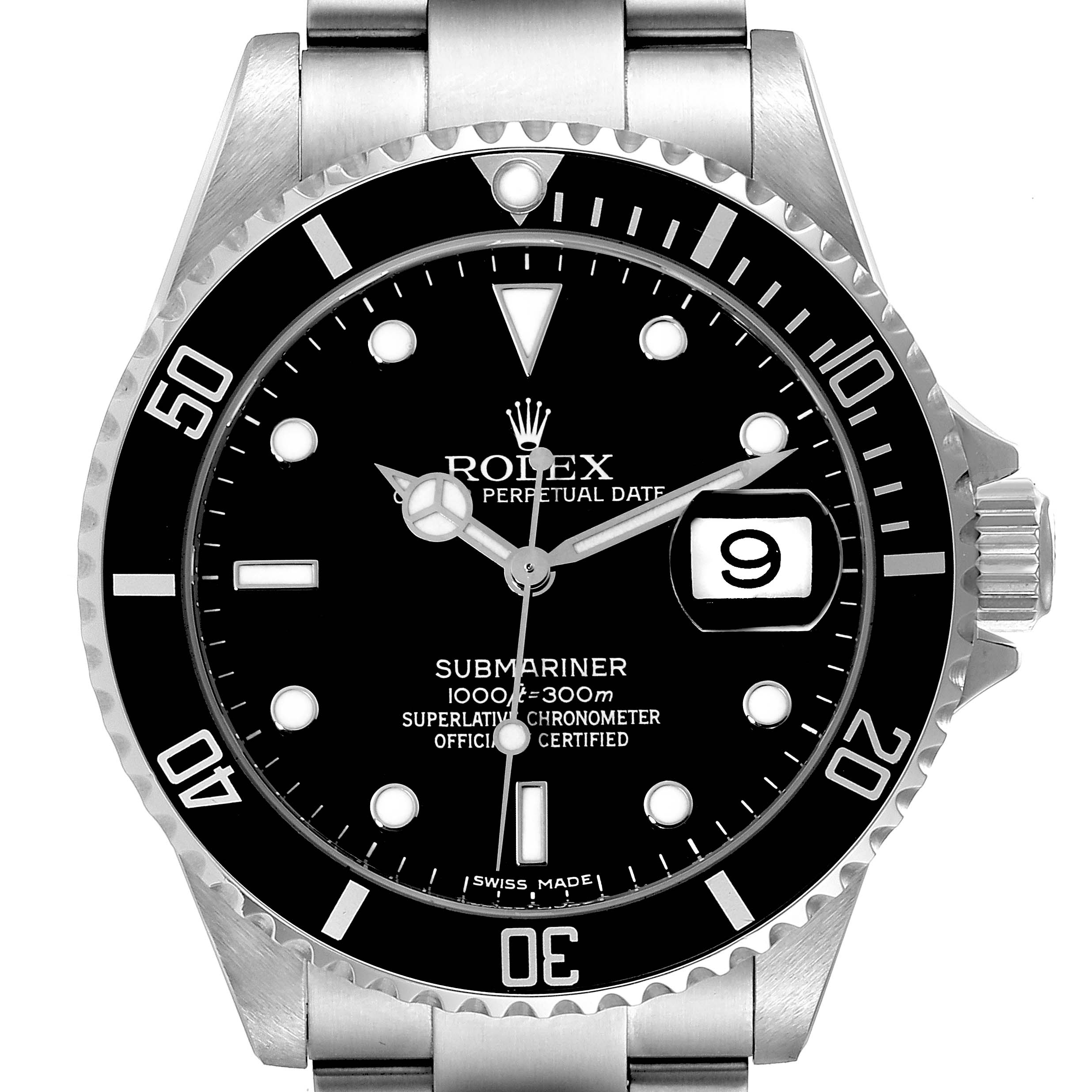The image shows a front view of a Rolex Submariner 16610 Men
s Stainless Steel Black Dial 16610 Men
s Stainless Steel Black Dial watch, clearly displaying the dial, bezel, and bracelet.