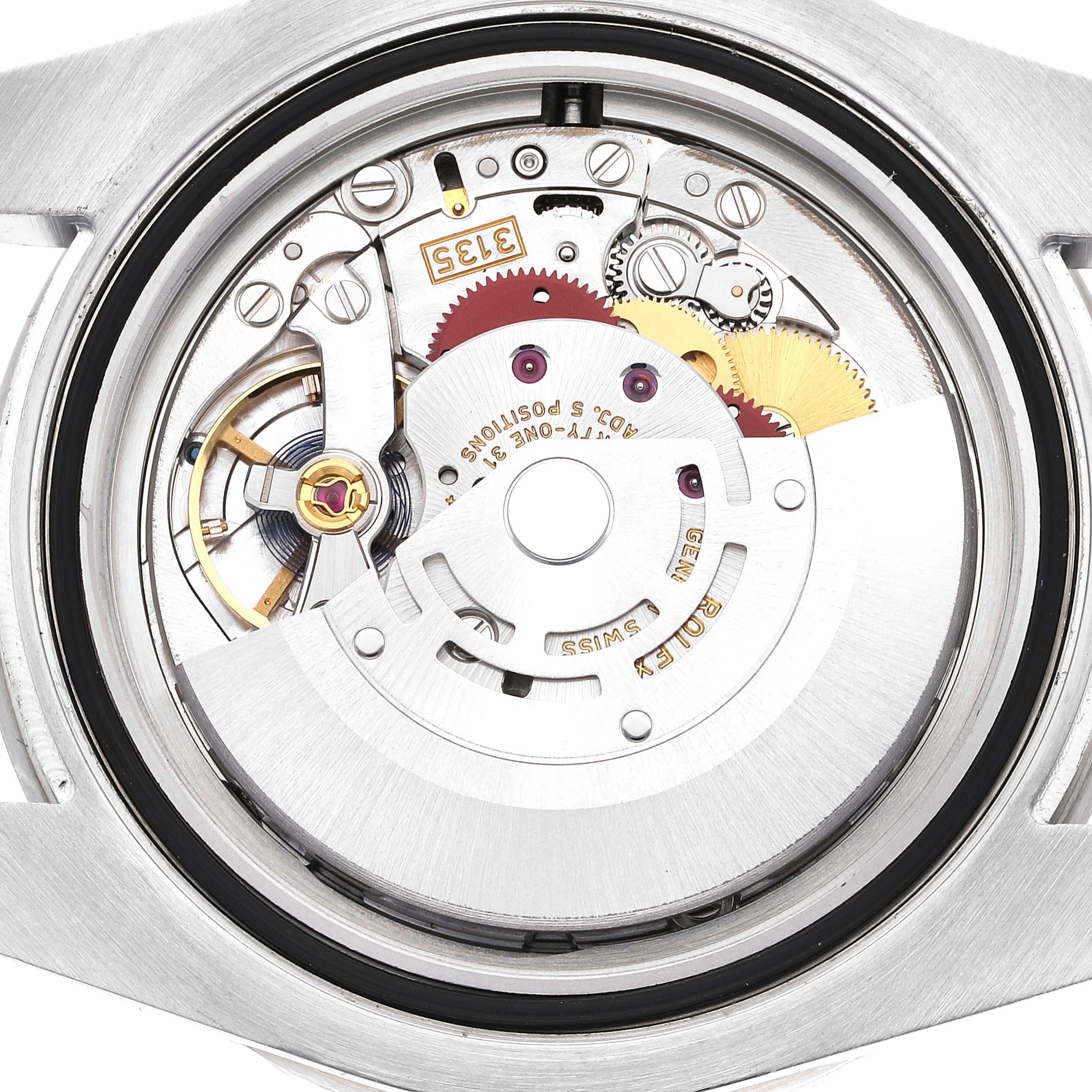 This image shows the internal mechanical movement of a Rolex Submariner 116610LV Men's Stainless Steel Green Dial 116610LV Men's Stainless Steel Green Dial watch from a rear angle.