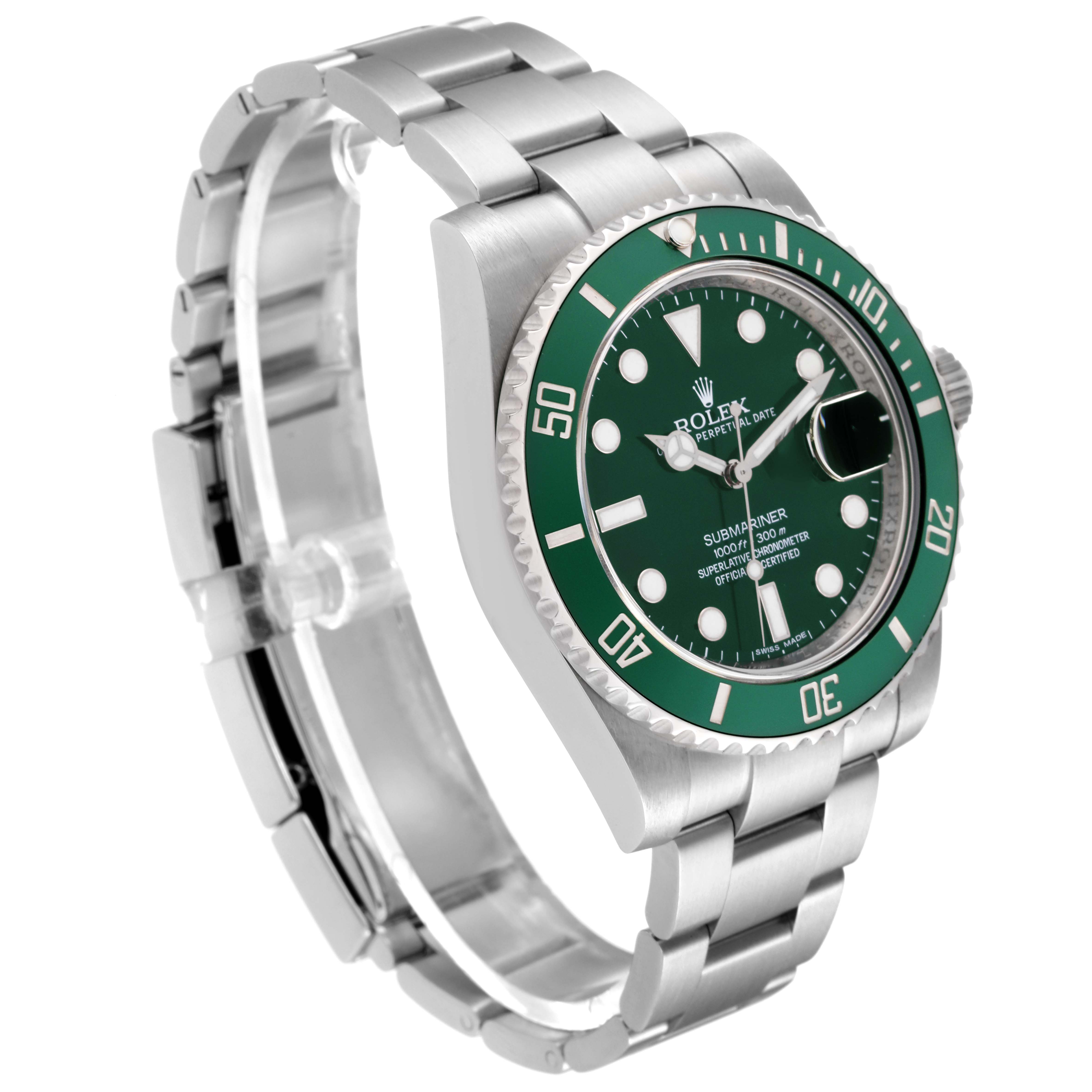 The image shows a Rolex Submariner 116610LV Men's Stainless Steel Green Dial 116610LV Men's Stainless Steel Green Dial watch from an angled side view, highlighting the green bezel, dial, and stainless steel bracelet.