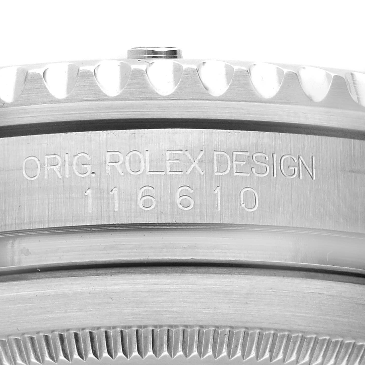 The image shows a close-up of the side of a Rolex Submariner 116610LV Men's Stainless Steel Green Dial 116610LV Men's Stainless Steel Green Dial, featuring the engraved "Orig. Rolex Design" and model number 116610.