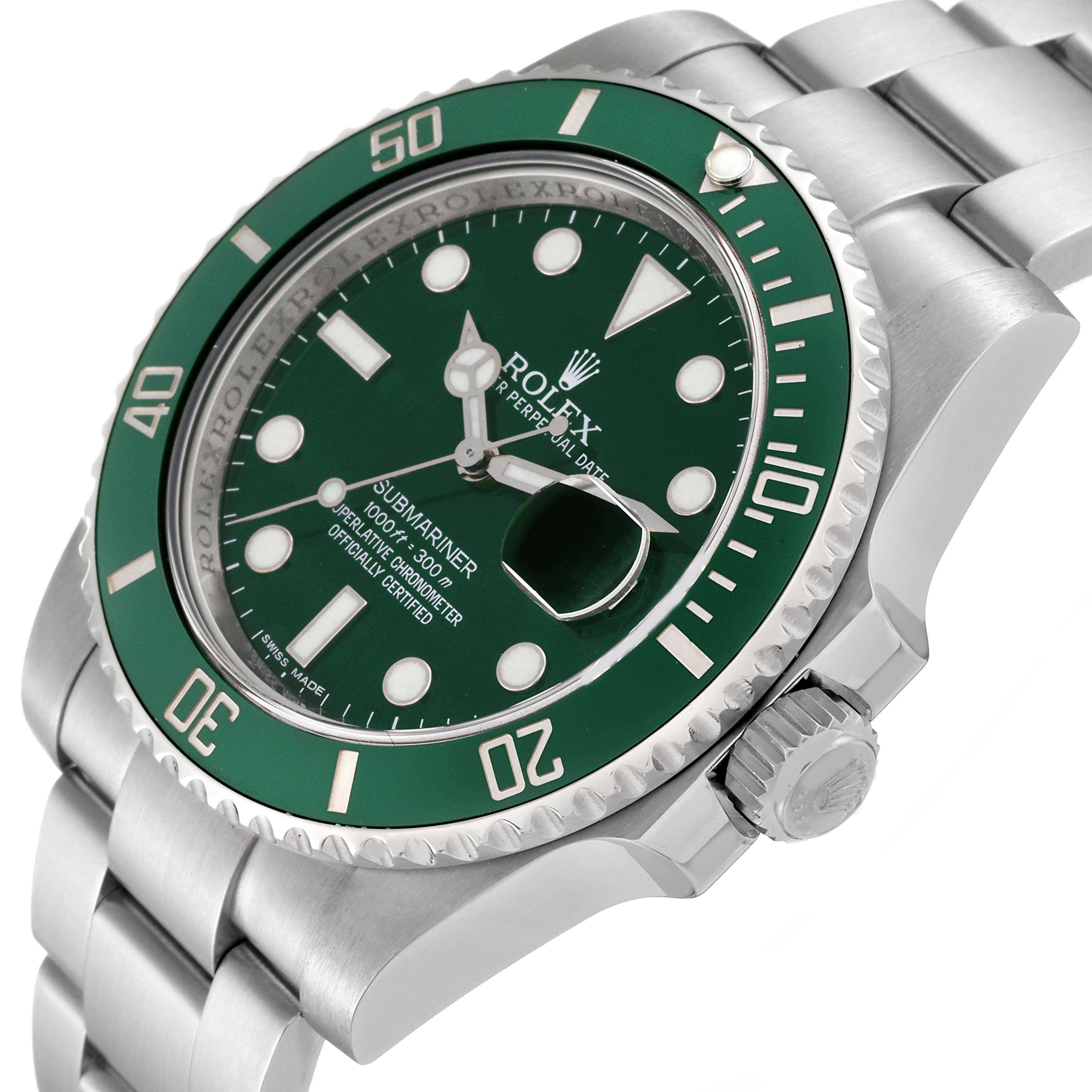 The image shows a side angle of the Rolex Submariner 116610LV Men's Stainless Steel Green Dial 116610LV Men's Stainless Steel Green Dial watch, highlighting its green bezel, dial, and bracelet.