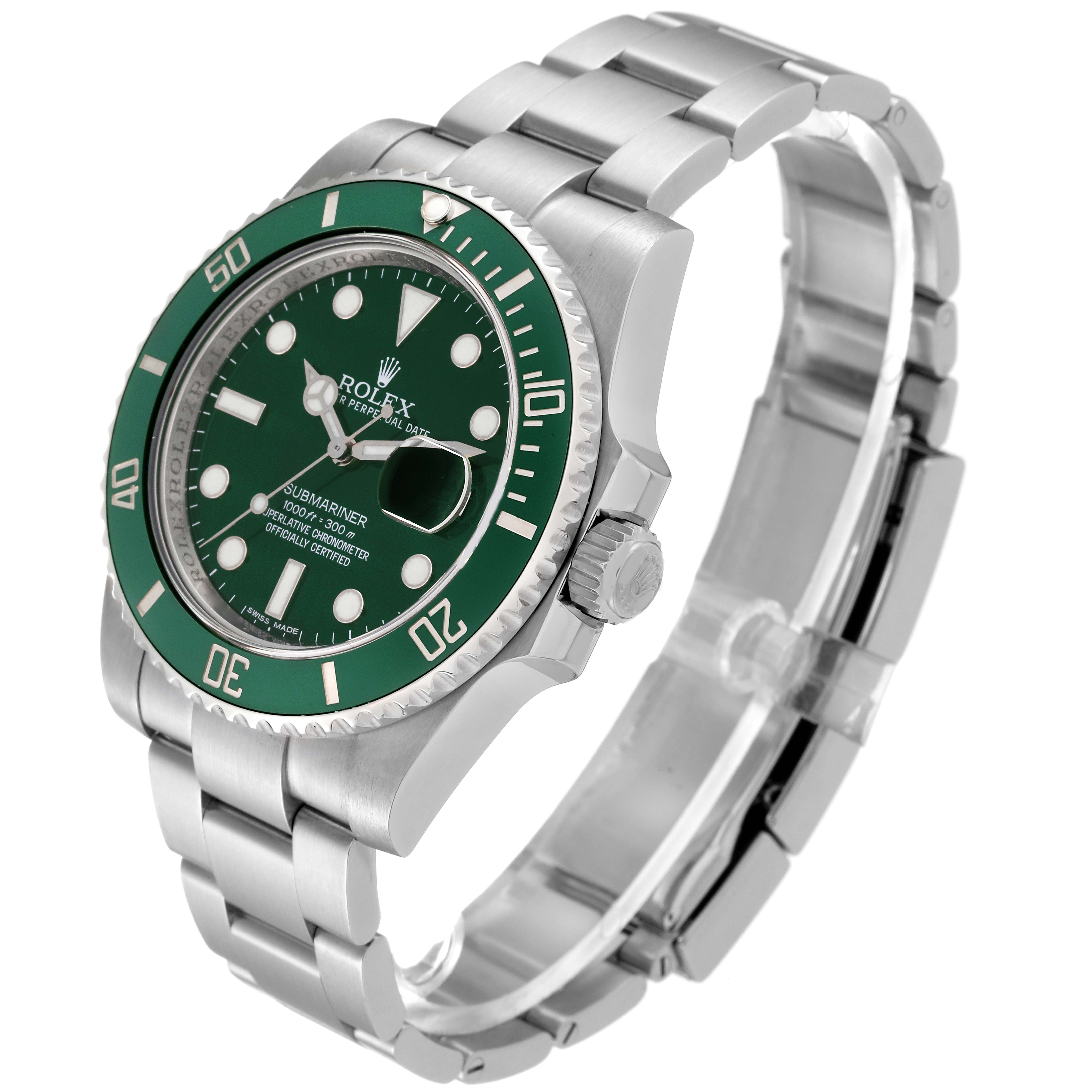 This image shows a Rolex Submariner 116610LV Men's Stainless Steel Green Dial 116610LV Men's Stainless Steel Green Dial watch from a slight side angle, highlighting its green bezel, dial, crown, and stainless steel bracelet.