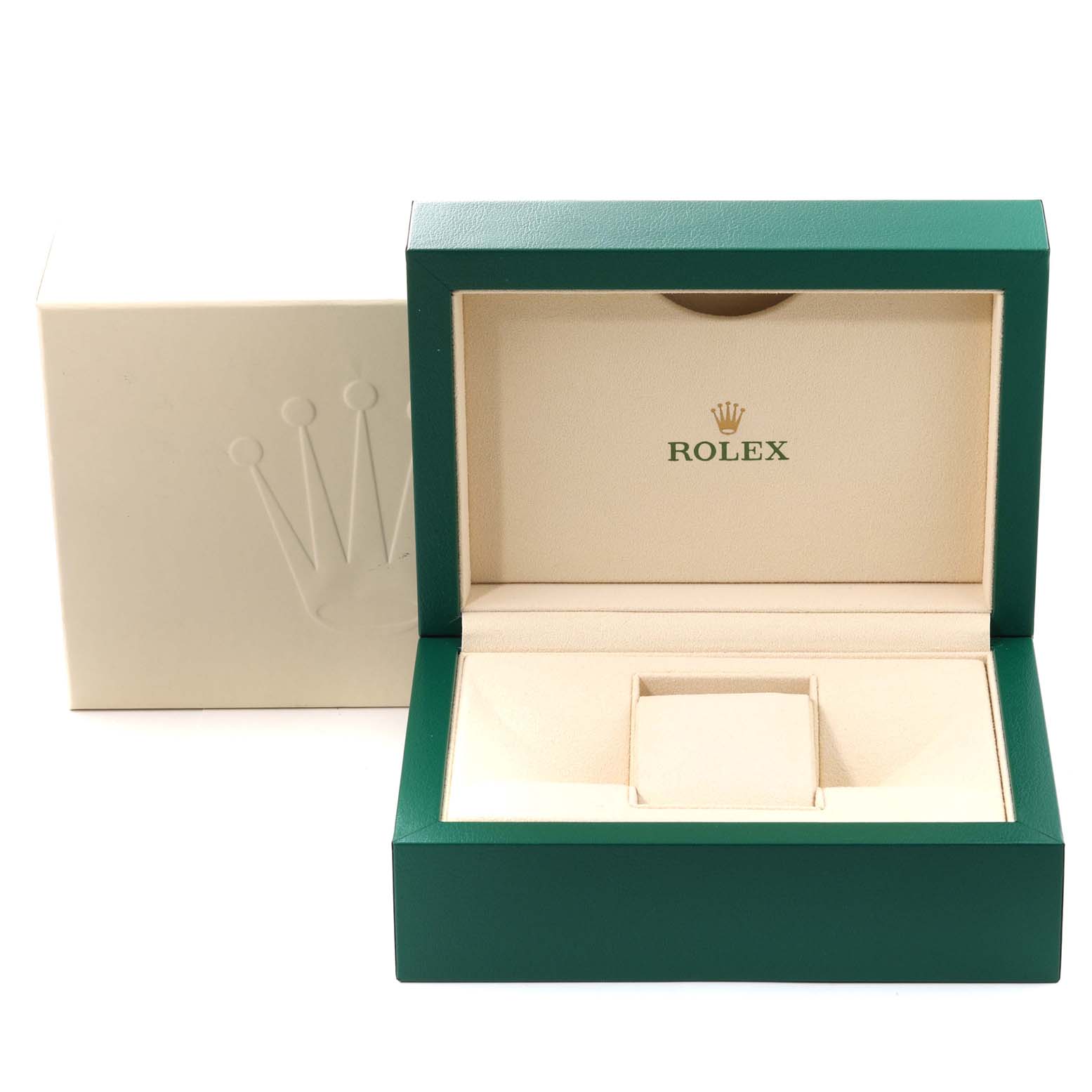 Shown is the open box for a Rolex Submariner 116610LV Men's Stainless Steel Green Dial 116610LV Men's Stainless Steel Green Dial watch, featuring a green exterior and beige interior.