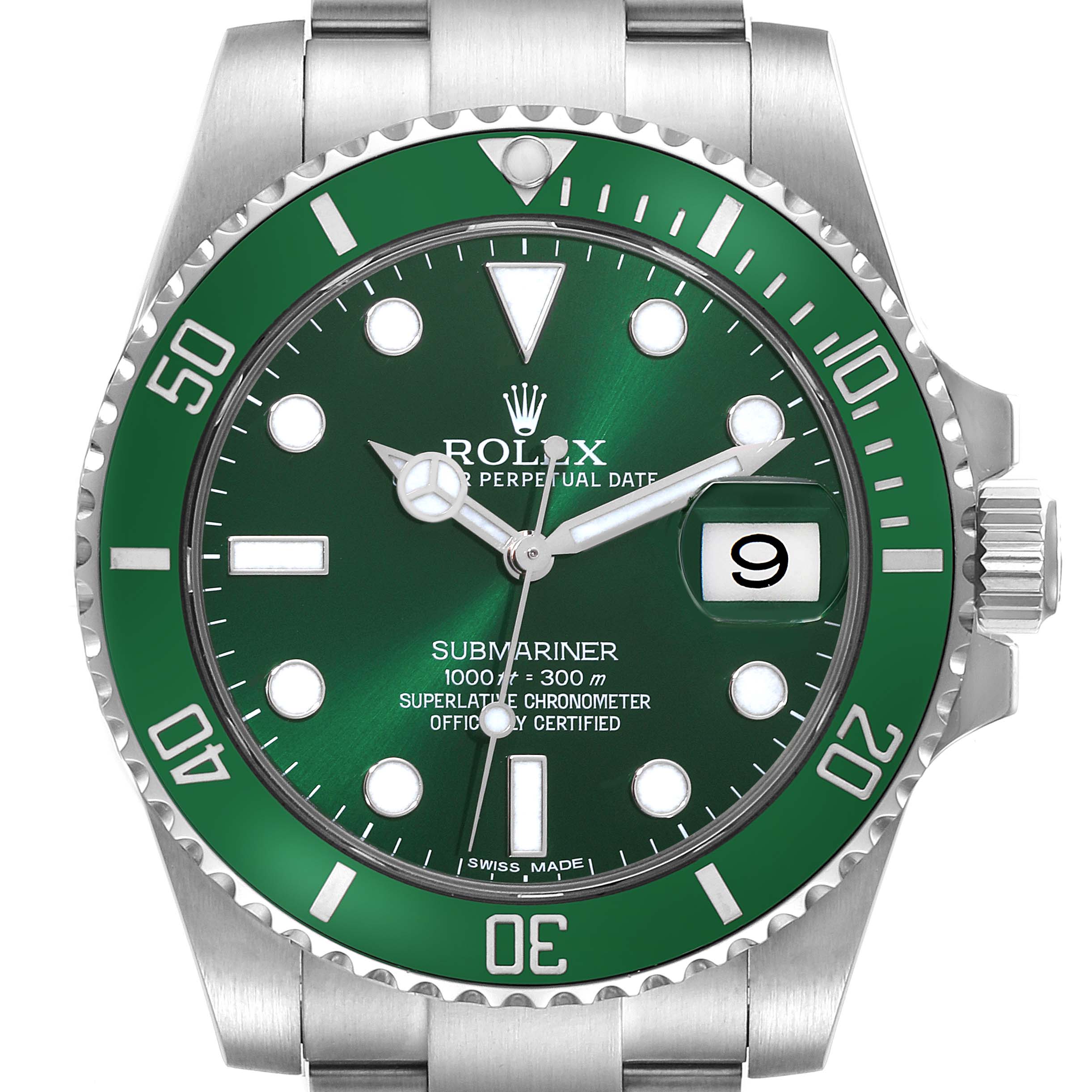 This image shows the front view of a Rolex Submariner 116610LV Men's Stainless Steel Green Dial 116610LV Men's Stainless Steel Green Dial watch featuring a green dial and bezel with a stainless steel bracelet.